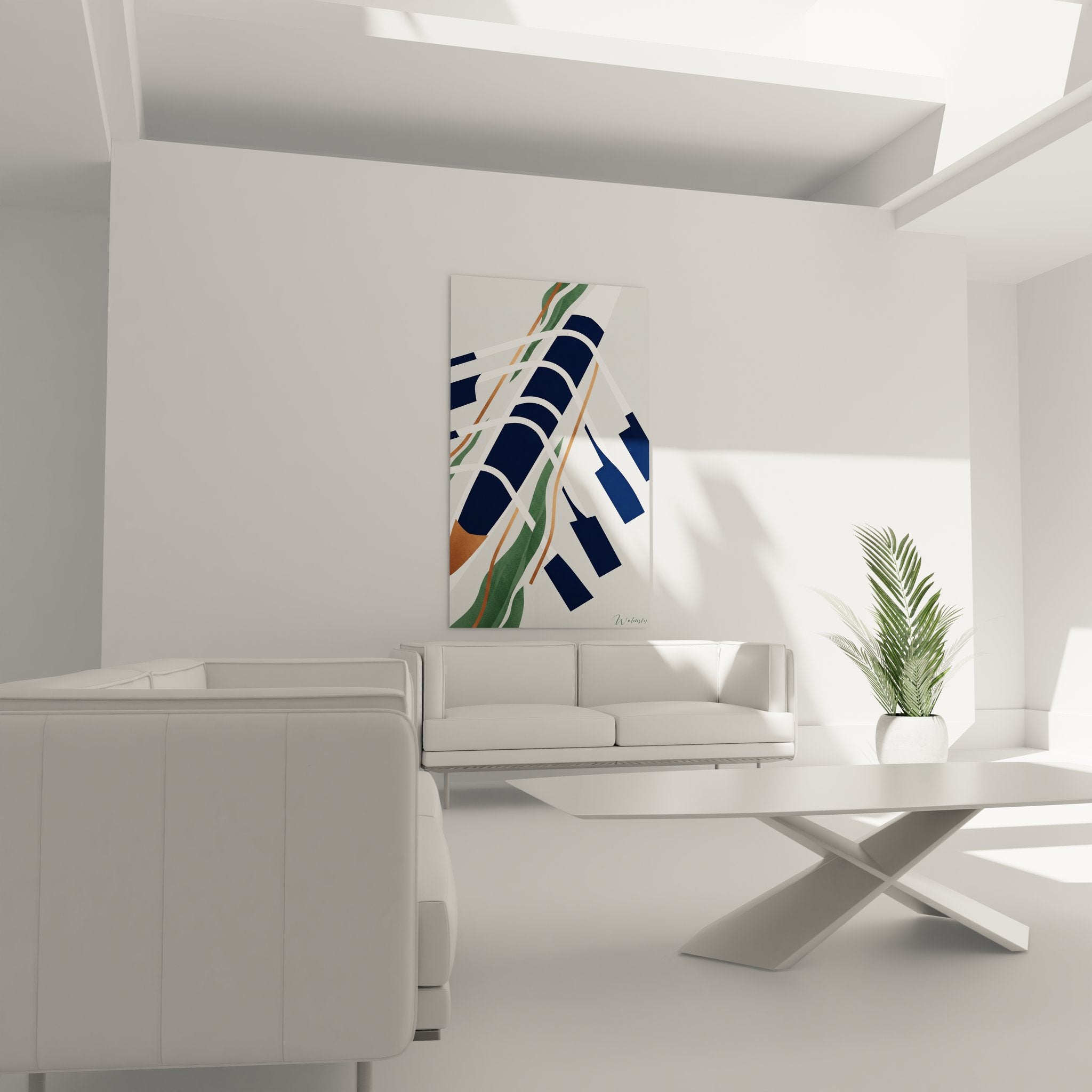 Detailansicht der geschwungenen Linien und rechteckigen Elemente des abstrakten geometrischen Kunstwerks