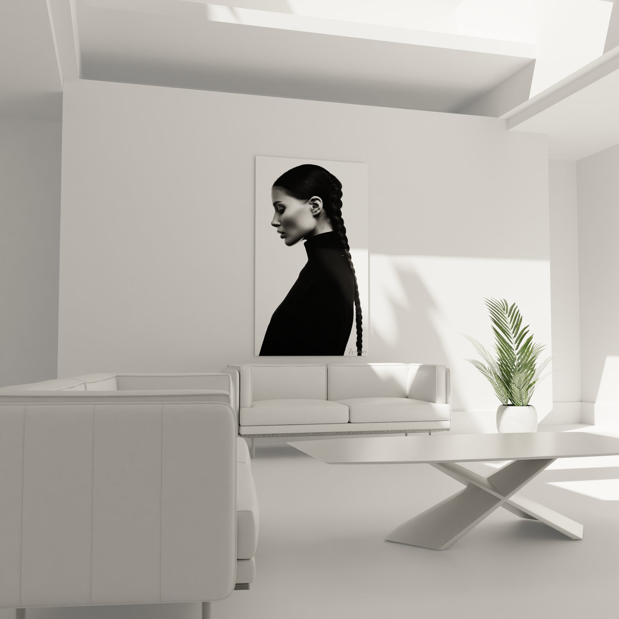 Nahaufnahme des Schwarz-Weiß Portraits zeigt Details der femininen Silhouette und Flechtfrisur