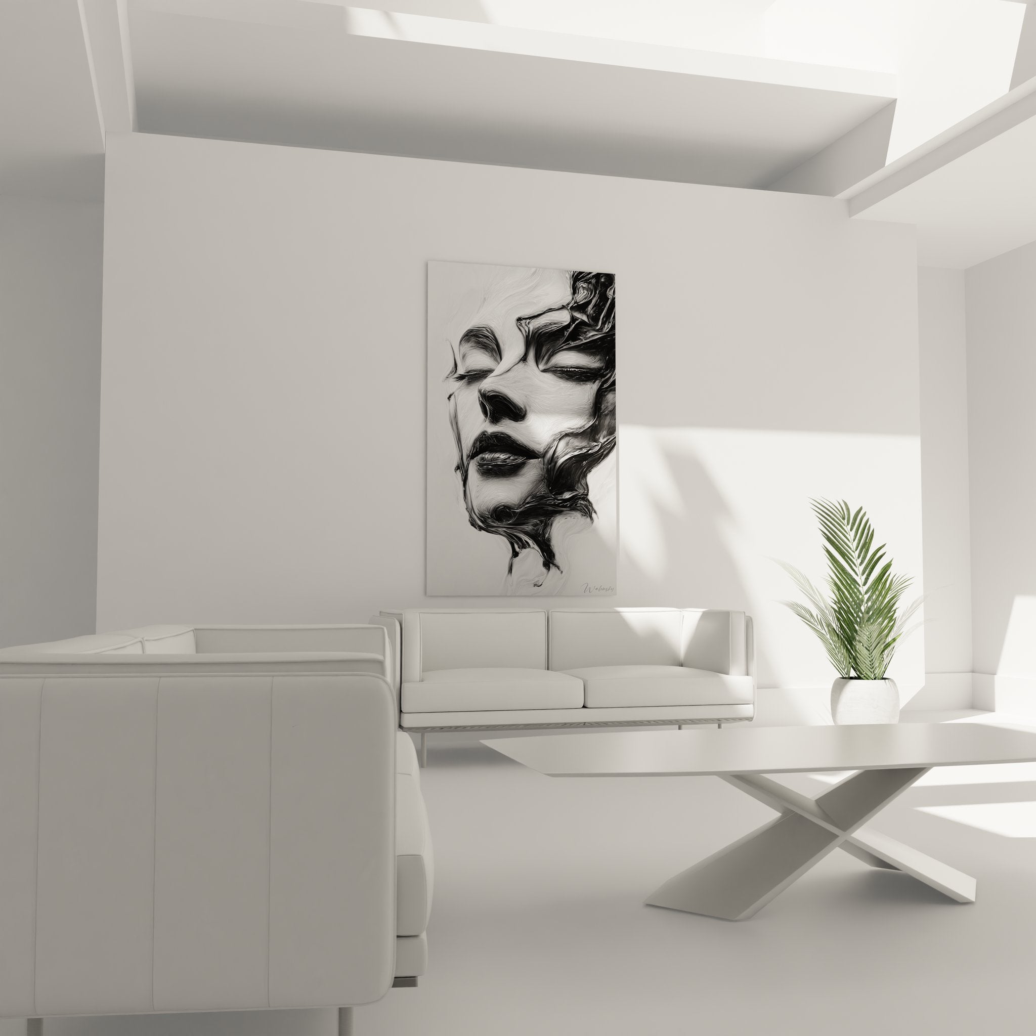 Detailaufnahme des abstrakten Frauengesichts mit fließenden Strukturen in kunstvoller schwarz-weißer Ausführung