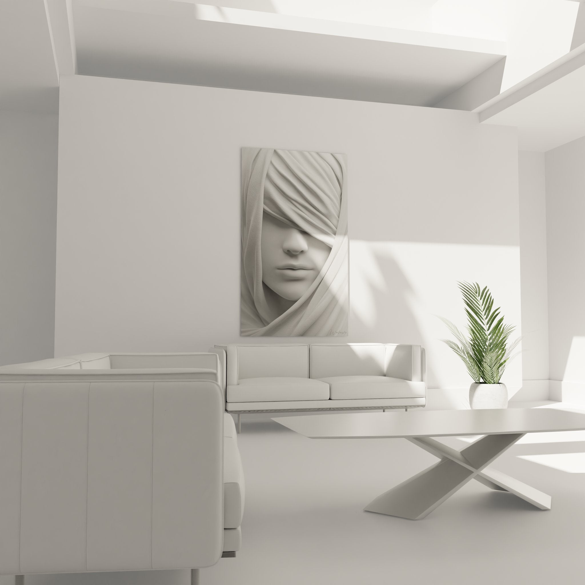 Detailaufnahme des verhüllten Gesichts mit kunstvoll drapierten Stoffbändern in Grautönen