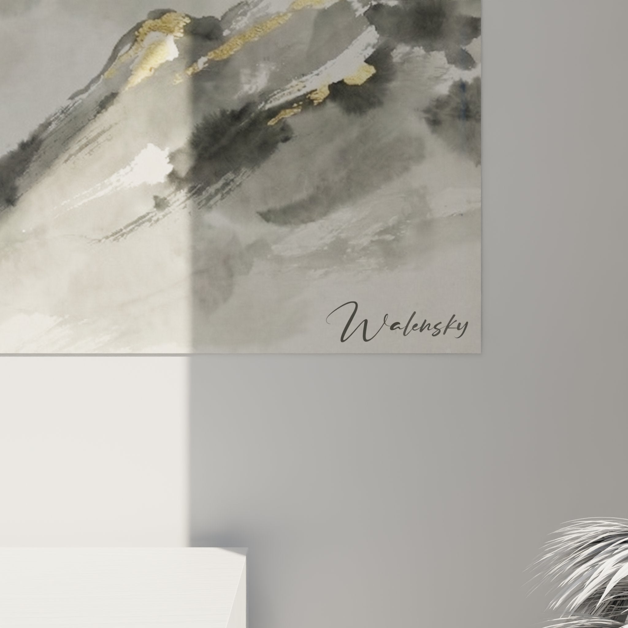 Gesamtansicht des Snowboarder Wandbildes mit Bergpanorama und minimalistischer Komposition