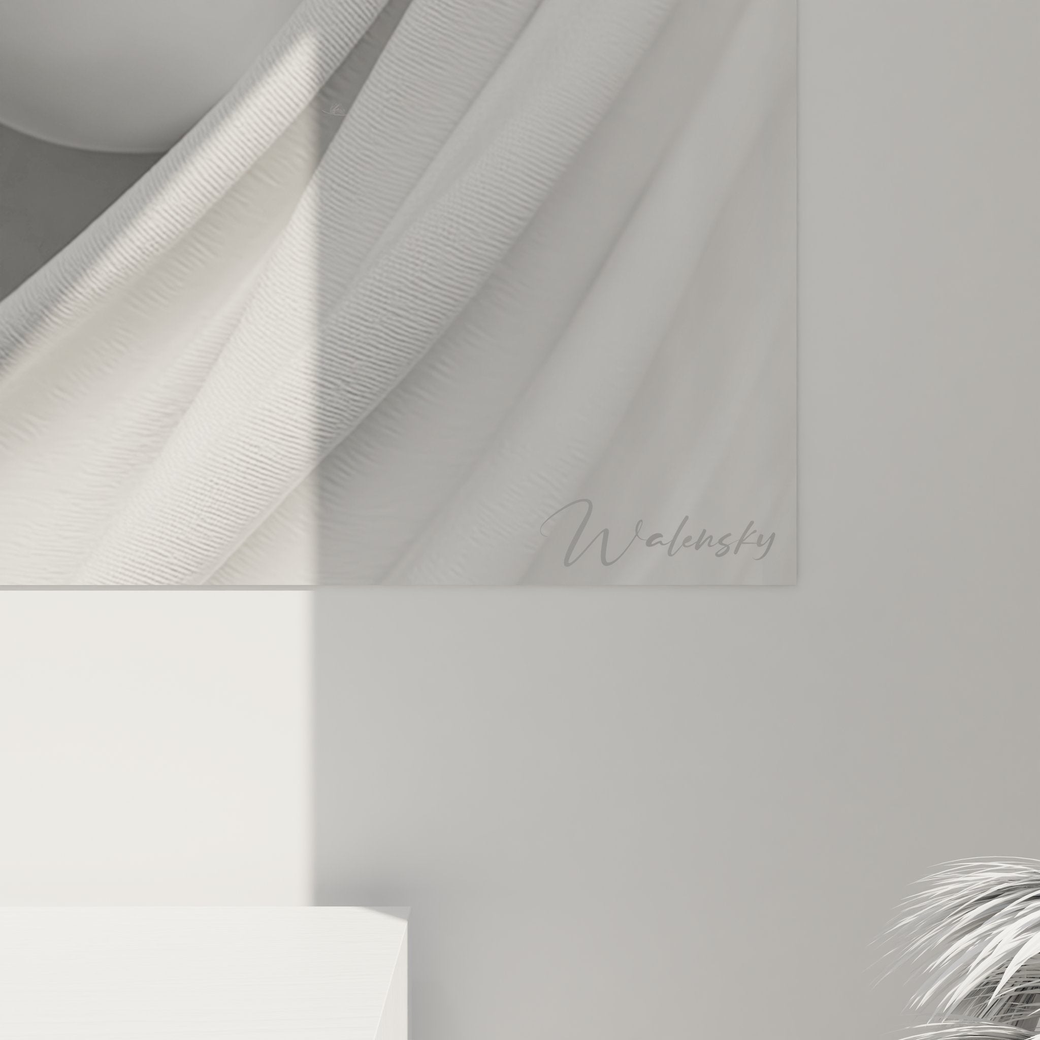 Gesamtansicht des Wandbildes verhülltes Gesicht mit Stoffbändern als moderne Raumdekoration