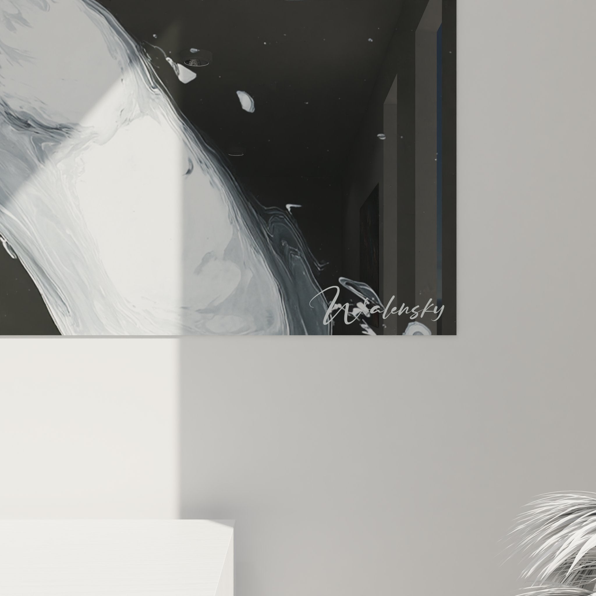 Gesamtansicht des Wandbildes Frau Kontemplation in schwarz-weiß, abstrakte Kunst auf Leinwand für Wohnraum