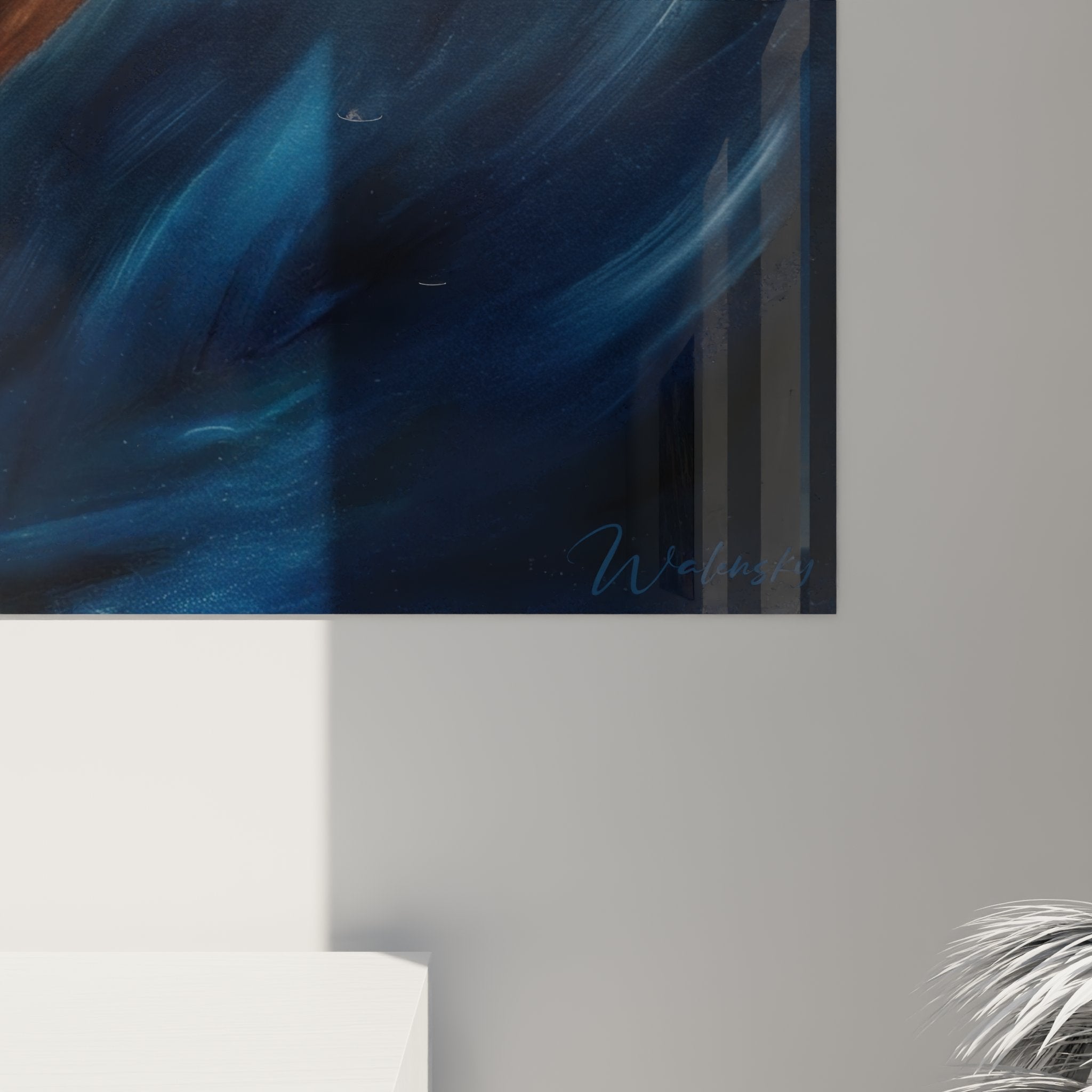 Gesamtansicht des Tänzer Wandbildes, komplette Komposition mit springendem Tänzer vor tiefblauem malerischem Hintergrund