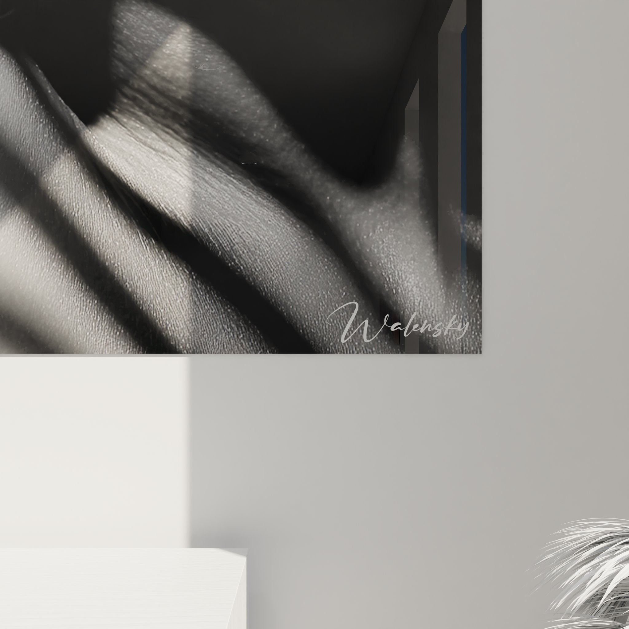 Gesamtansicht modernes Wandbild Frauenporträt, schwarz-weiß Fotografie mit Schattenmustern