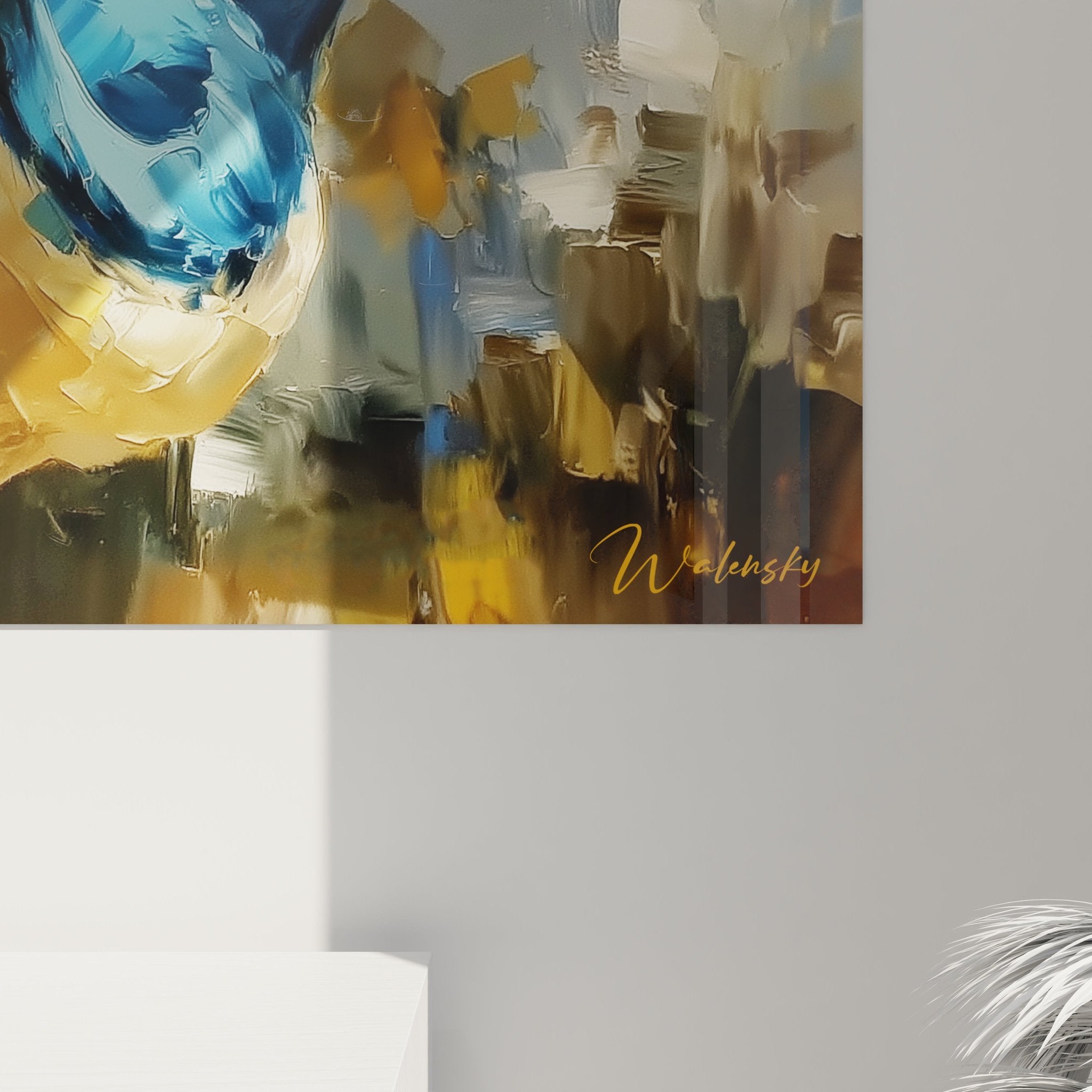 Gesamtansicht des expressiven Eisvogel Kunstwerks mit brillanten Blau- und Orangetönen auf Leinwand