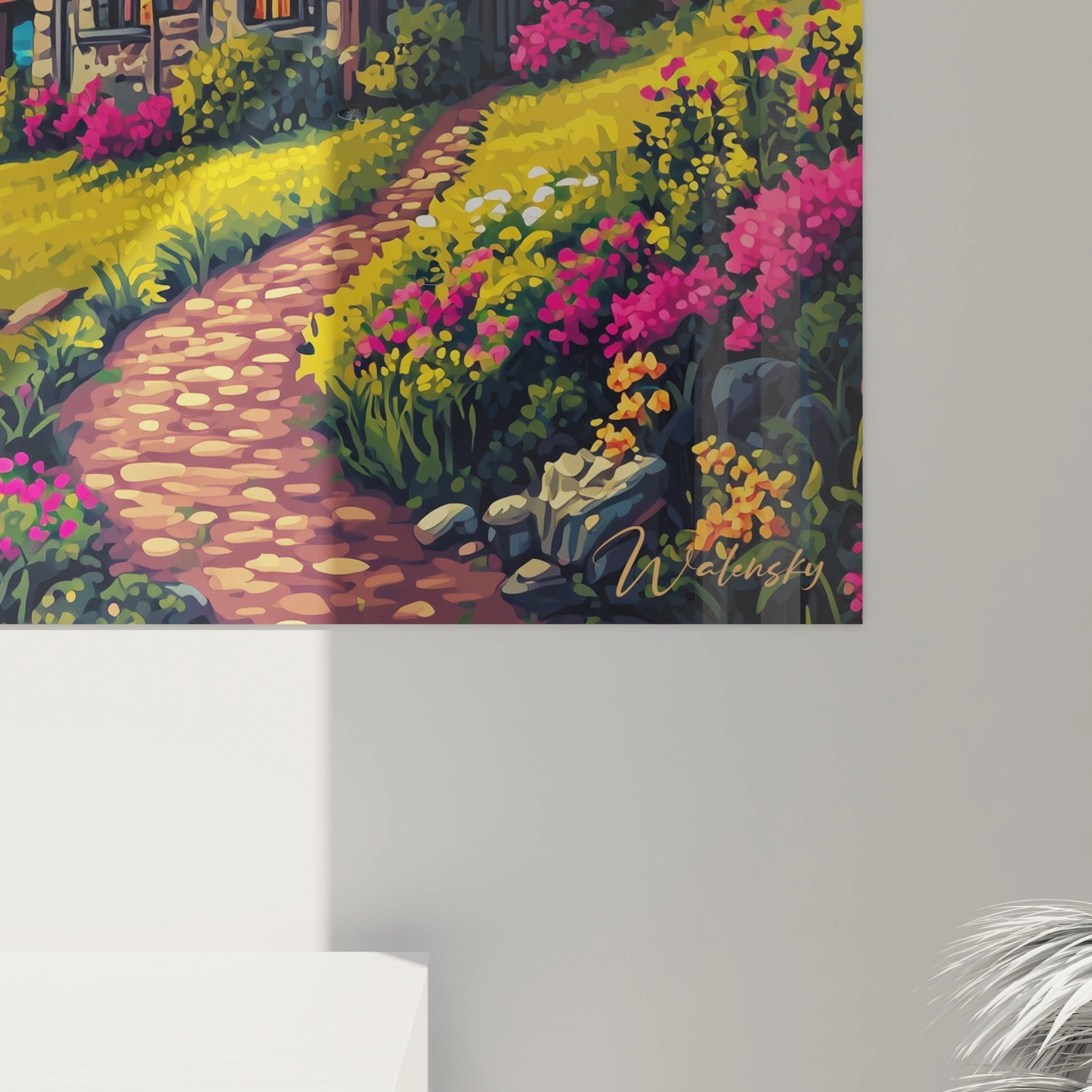 Gesamtansicht märchenhaftes Berglandschaft Wandbild im Comic-Style mit dramatischem Himmel