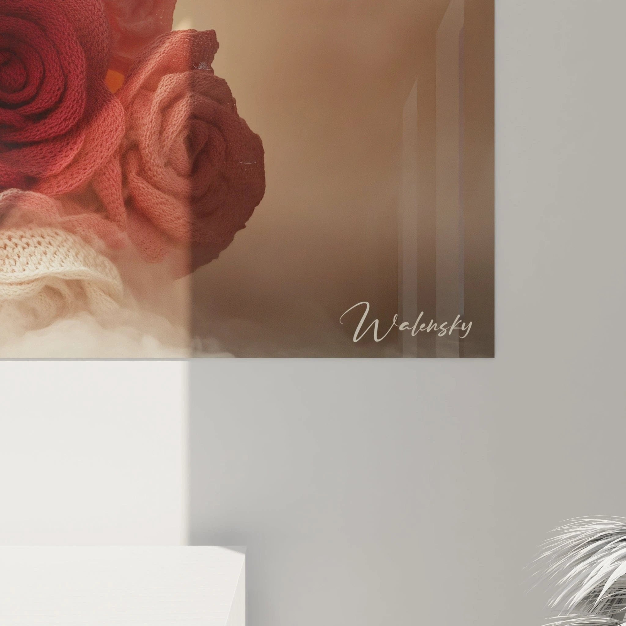 Gesamtansicht des Rosen-Bouquet Wandbildes mit harmonischer Anordnung der gehäkelten Blüten