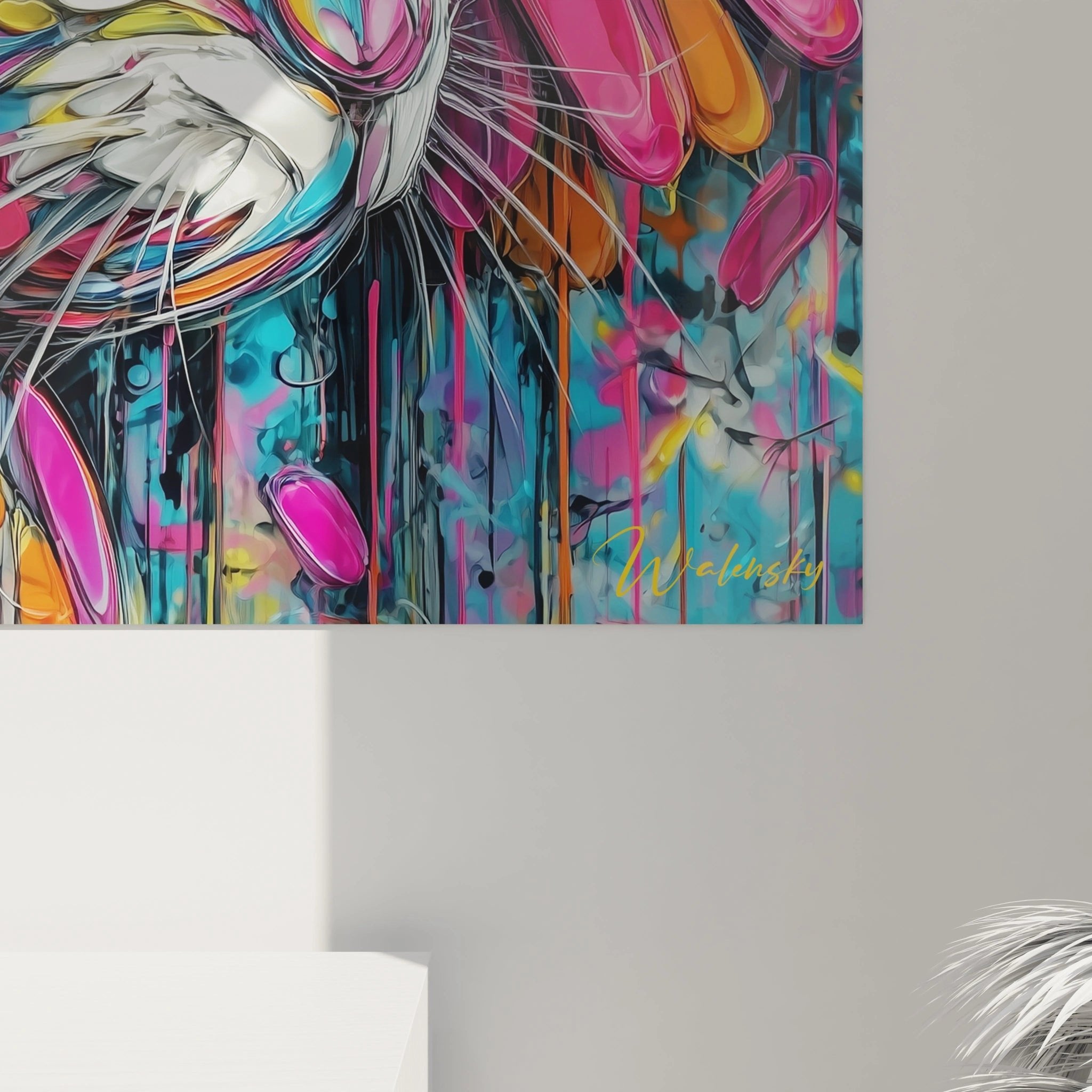 Gesamtansicht Wandbild farbiger Hase mit Gänseblümchen, leuchtende Farben und fließende Pinselstriche Farbexplosion