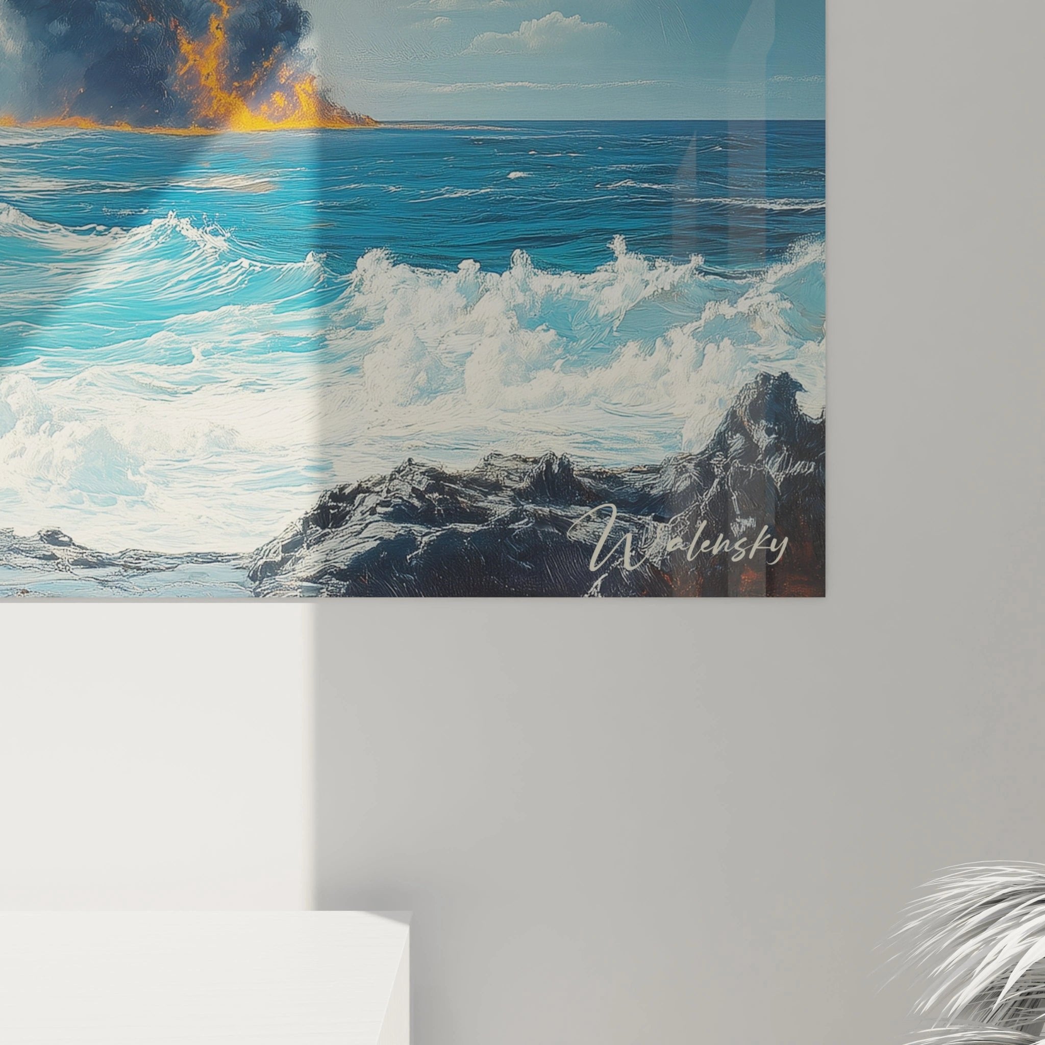 Gesamtansicht Vulkanausbruch Wandbild, dramatische Szene mit Basaltklippen und türkisblauem Meer