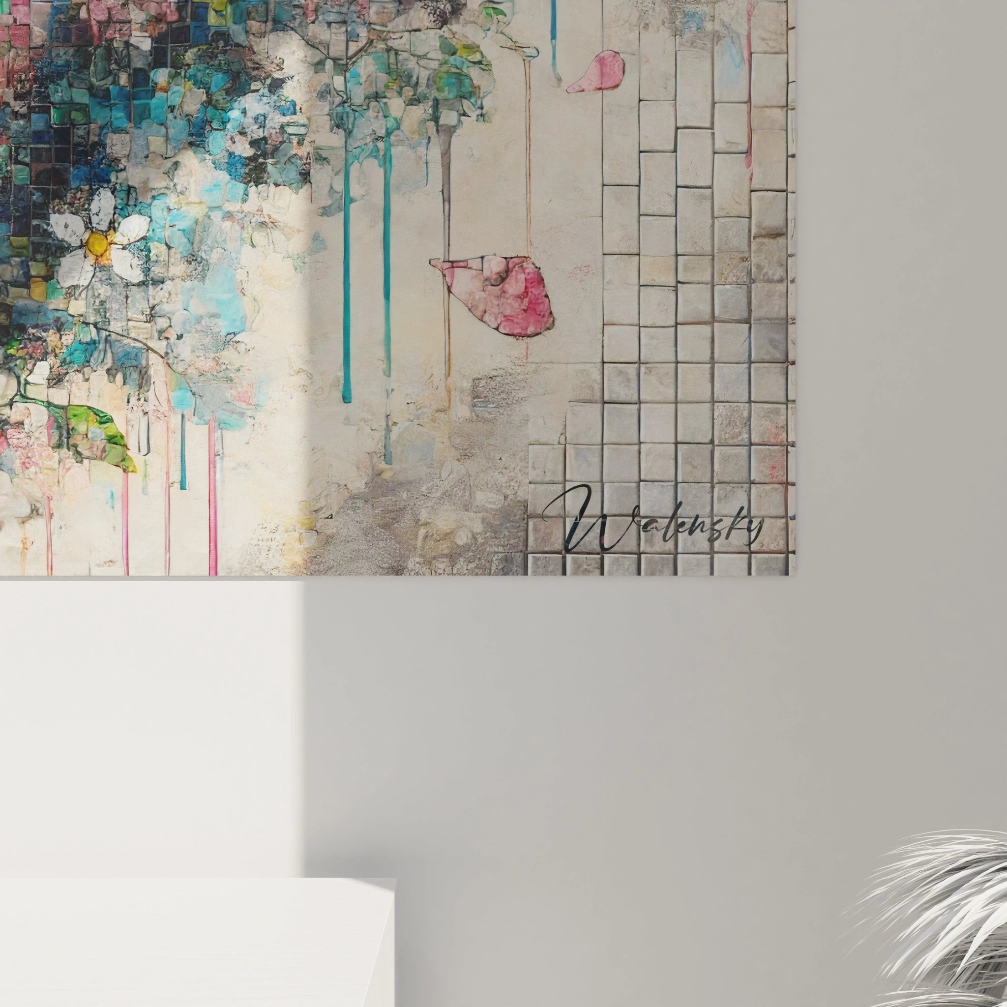 Gesamtansicht Wandbild digitales Frauenporträt mit Blumenmosaik, komplette Kunstwerk Darstellung