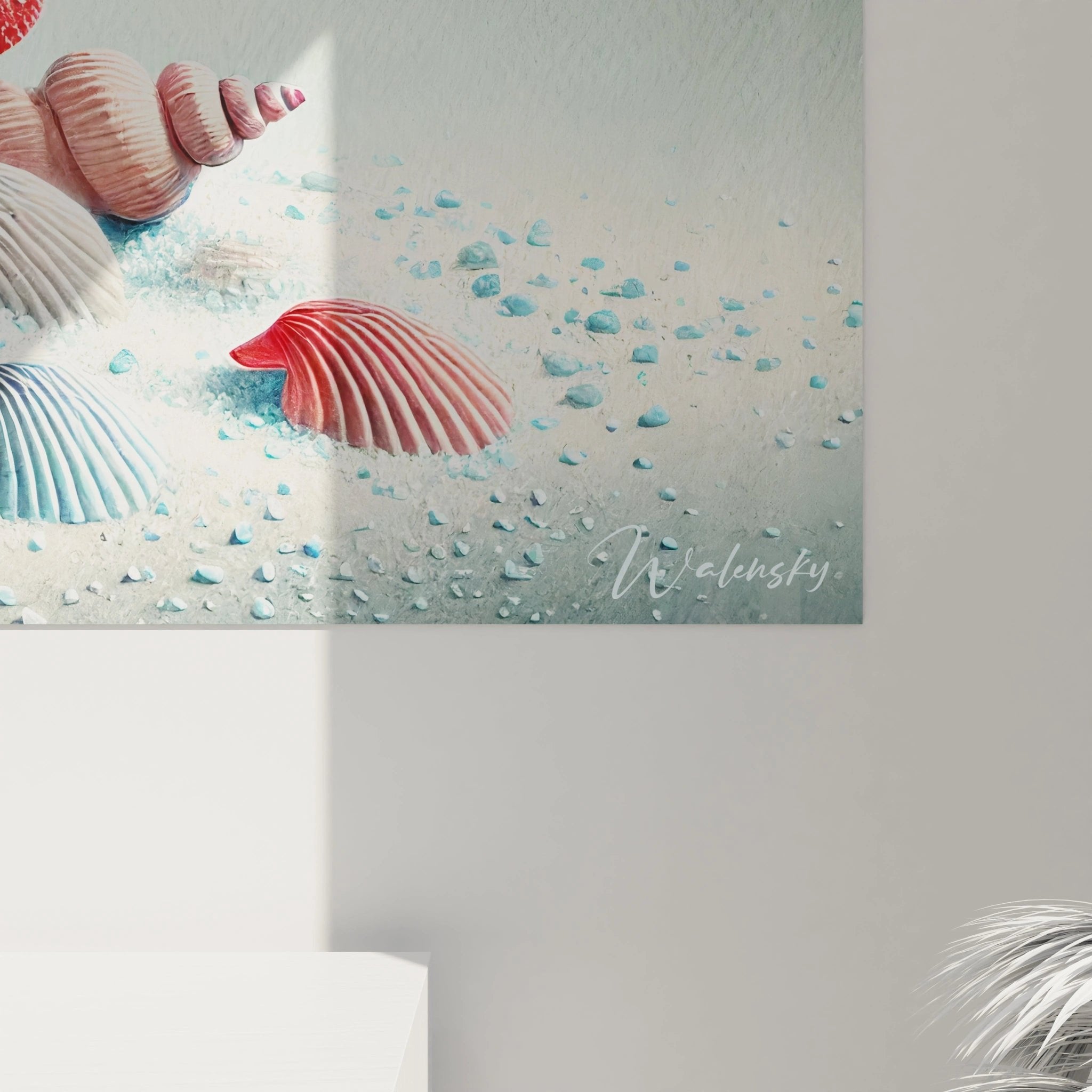 Komplettansicht des maritimen Wandbildes mit Muschelsammlung in warmem Licht