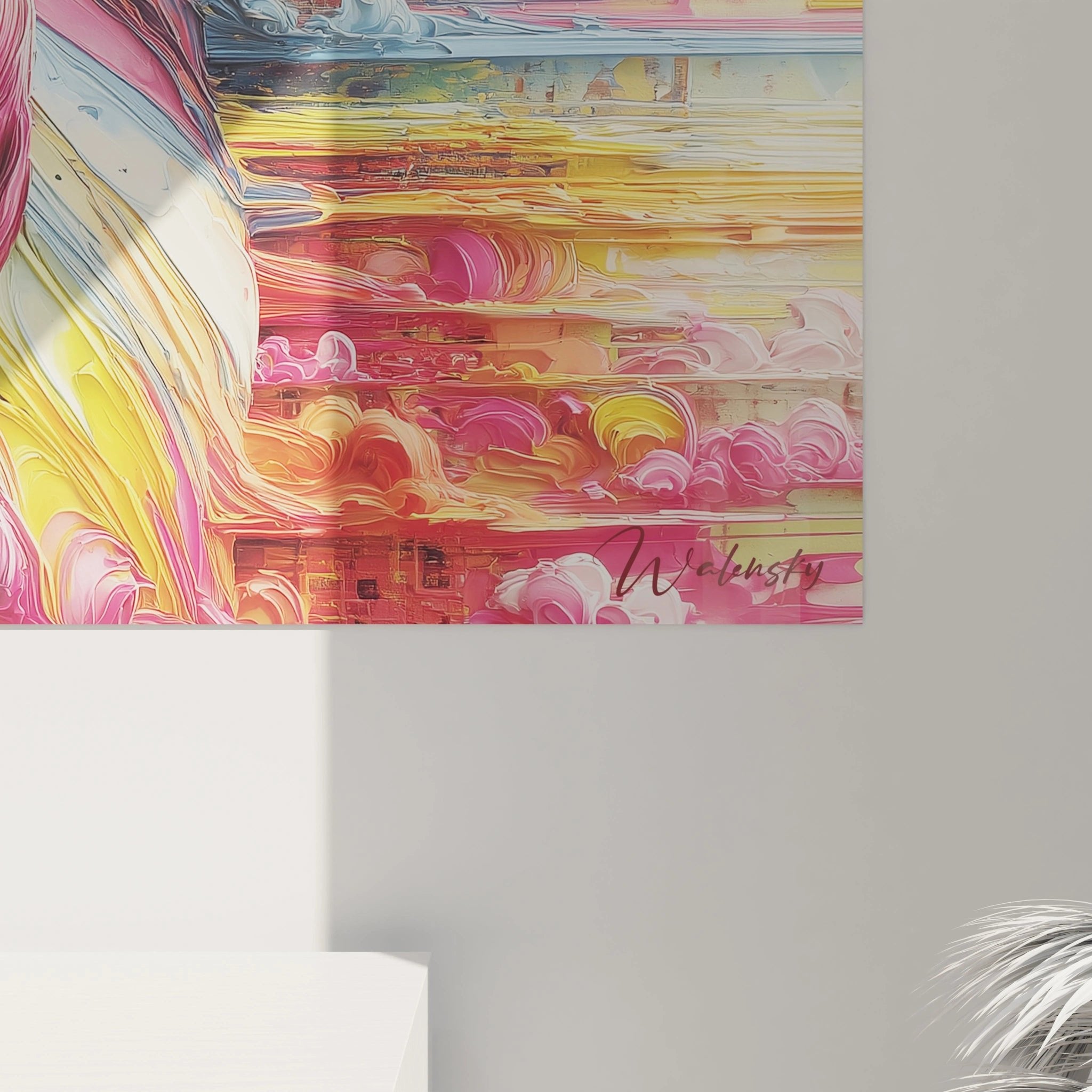 Gesamtansicht des bunten abstrakten Wandbildes mit Gesichtsmotiv - moderne Kunstdekoration für Wohnräume