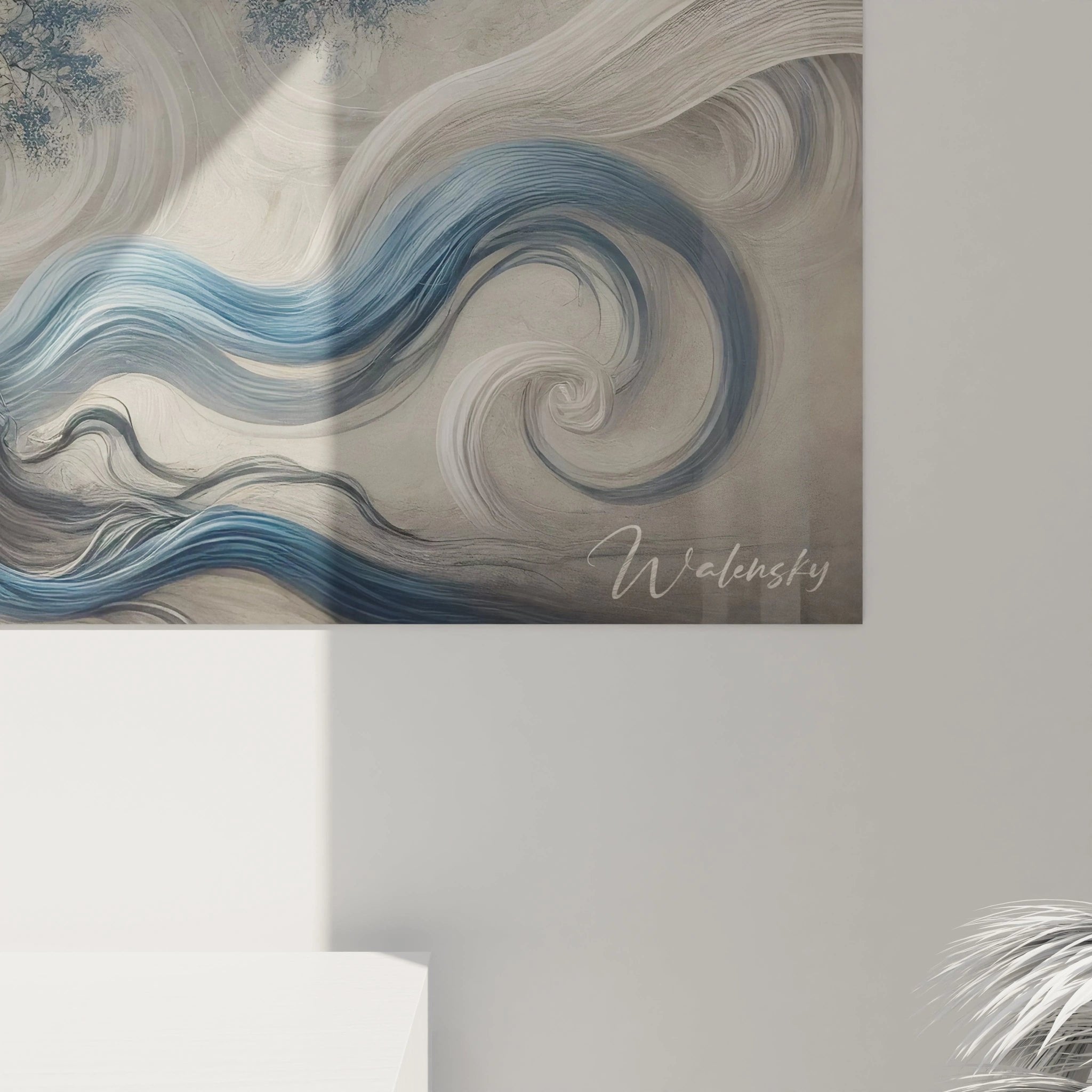 Gesamtansicht des dynamischen Lebensbaum-Wandbildes mit kraftvollen Windströmungen und organischen Formen