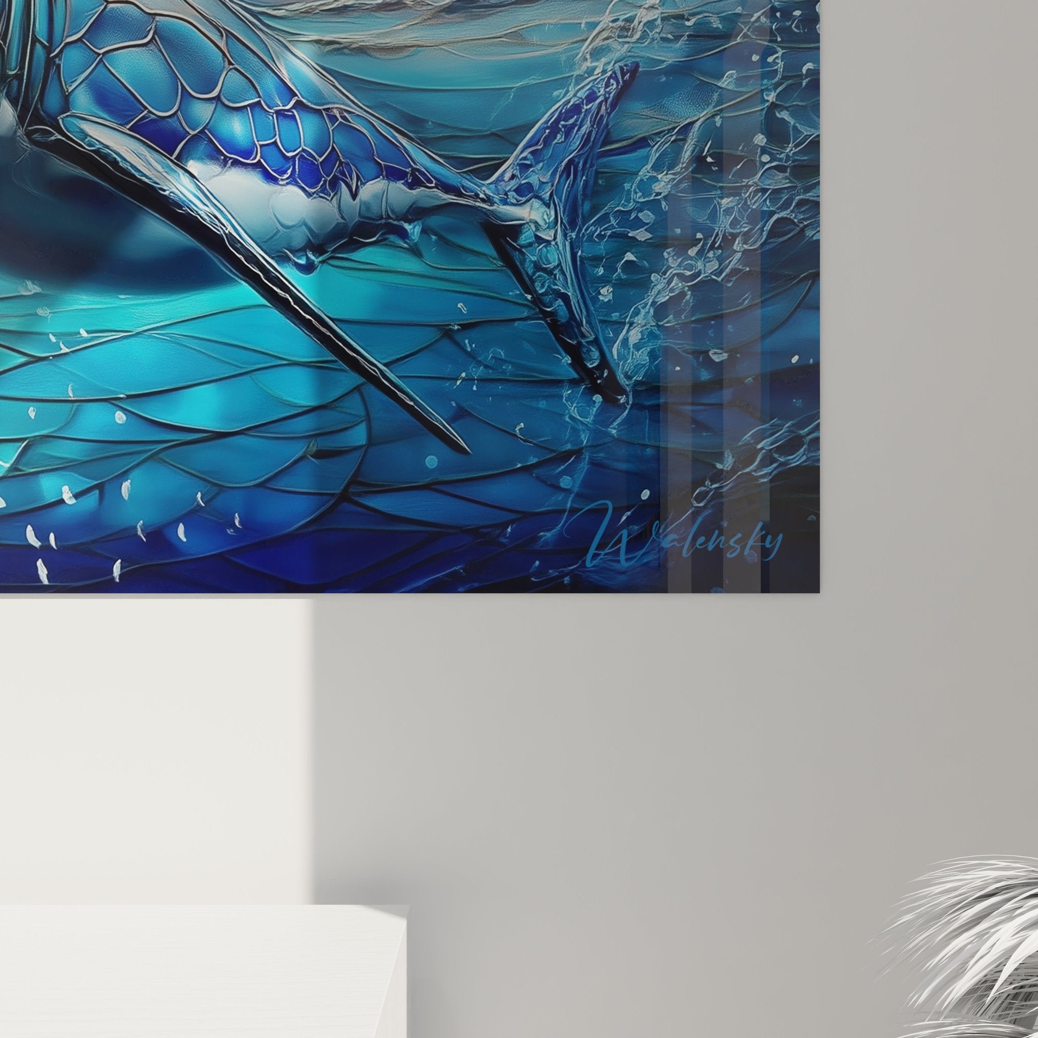 Gesamtansicht Hai Ozean Wandbild mit leuchtenden Farben und dynamischer Wasserbewegung