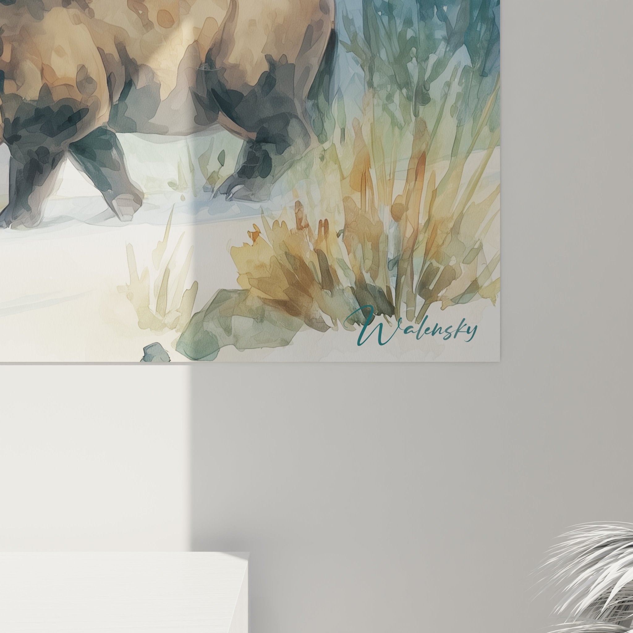 Gesamtansicht Andrewsarchus Wandbild in Wohnraum, urzeitliche Schneelandschaft als Kunstdruck