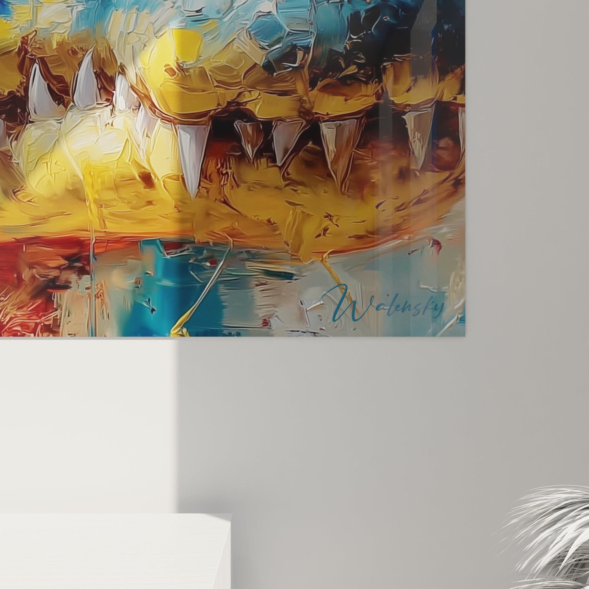 Gesamtansicht des Krokodil Expressionismus Wandbildes mit lebendiger Farbpalette und dynamischer Maltechnik