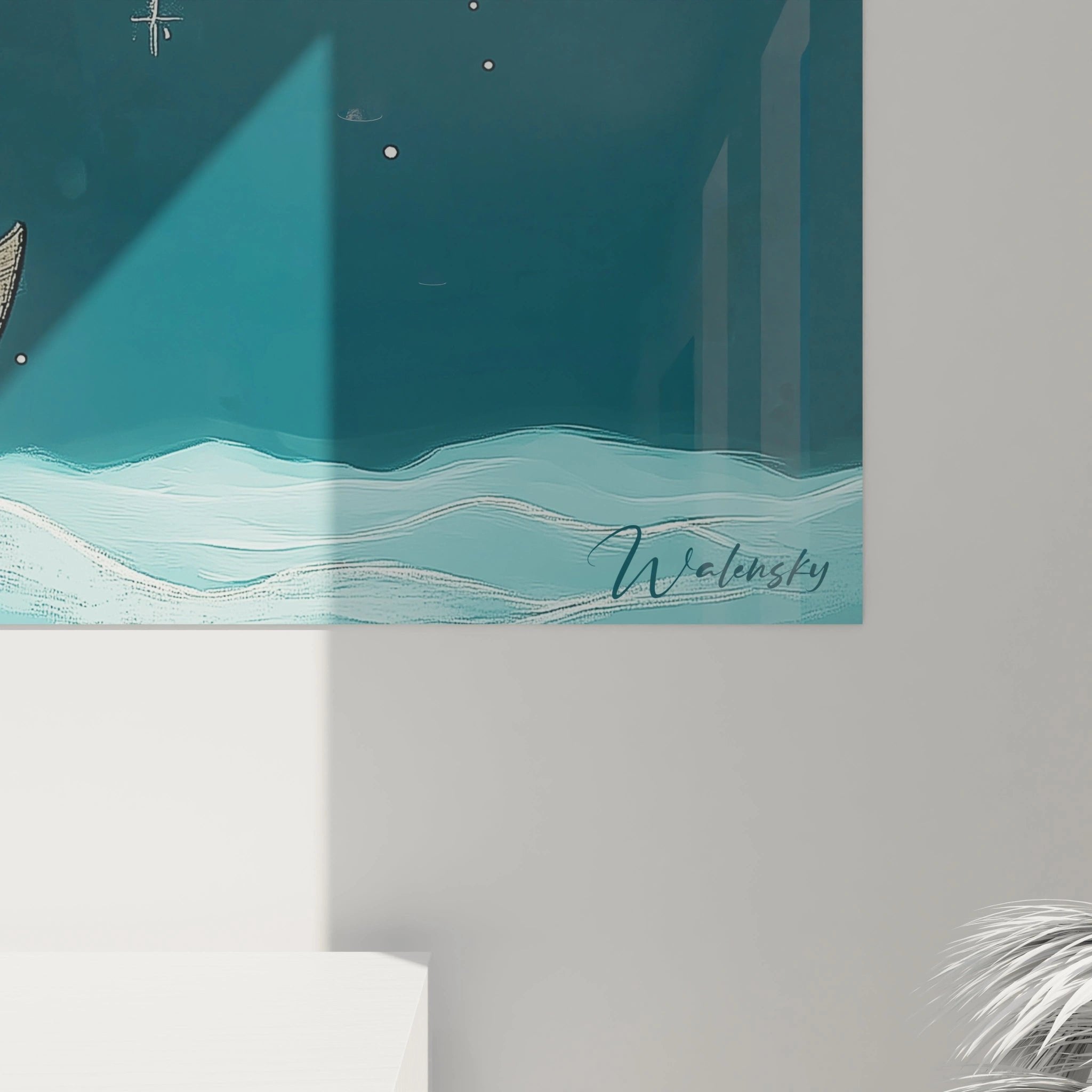 Gesamtansicht maritime Kinderzimmer Wandbild Hase Boot nächtliche Bootsfahrt Sternenhimmel Dekoration