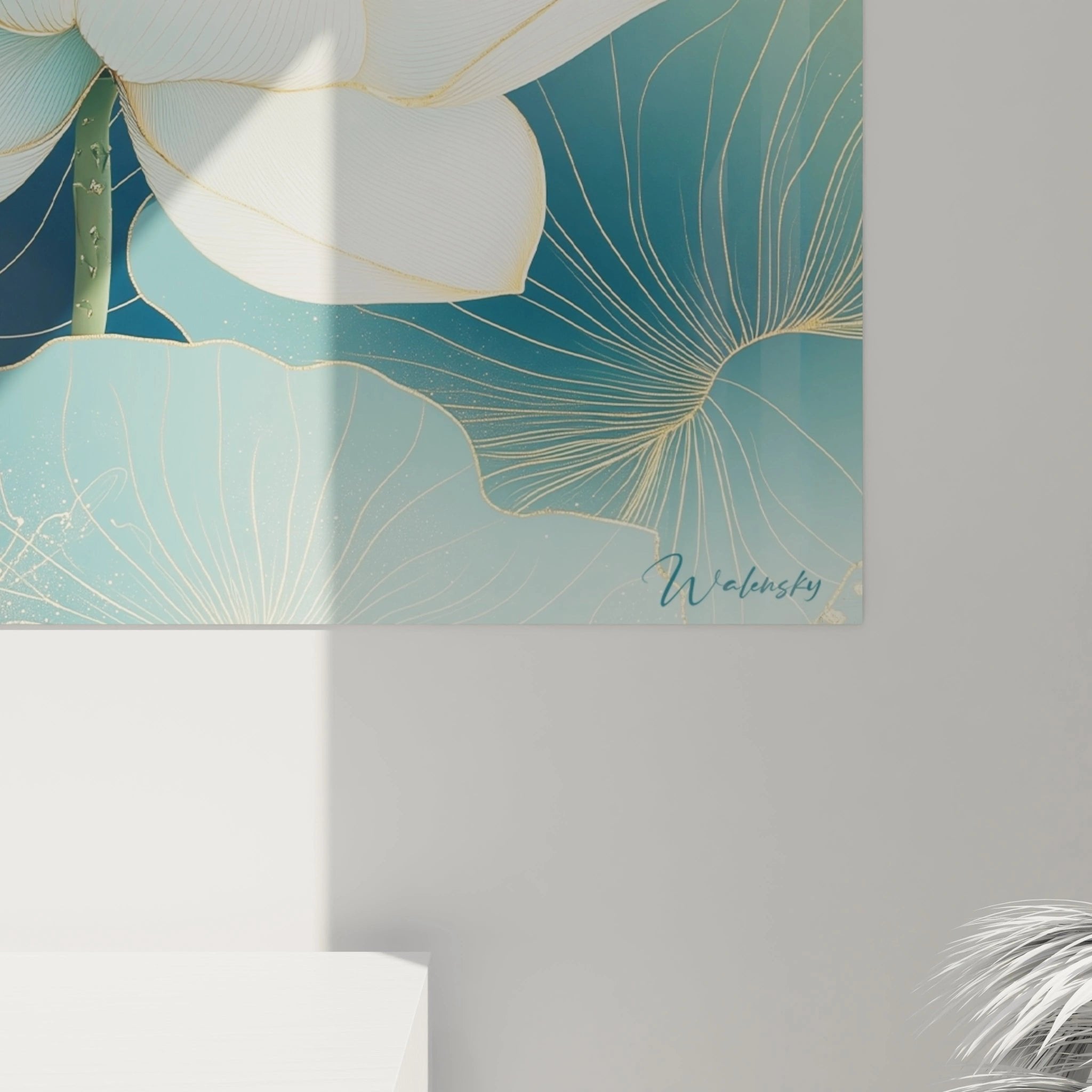 Gesamtansicht Wandbild Lotusblume in türkis-weiß, harmonische Komposition für moderne Wohnräume