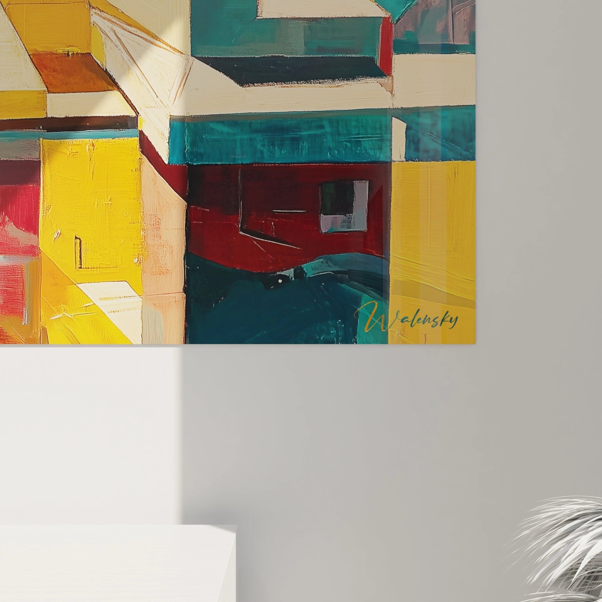 Komplettansicht des abstrakten Stadtlandschaft Wandbildes mit allen geometrischen Elementen und Farbnuancen