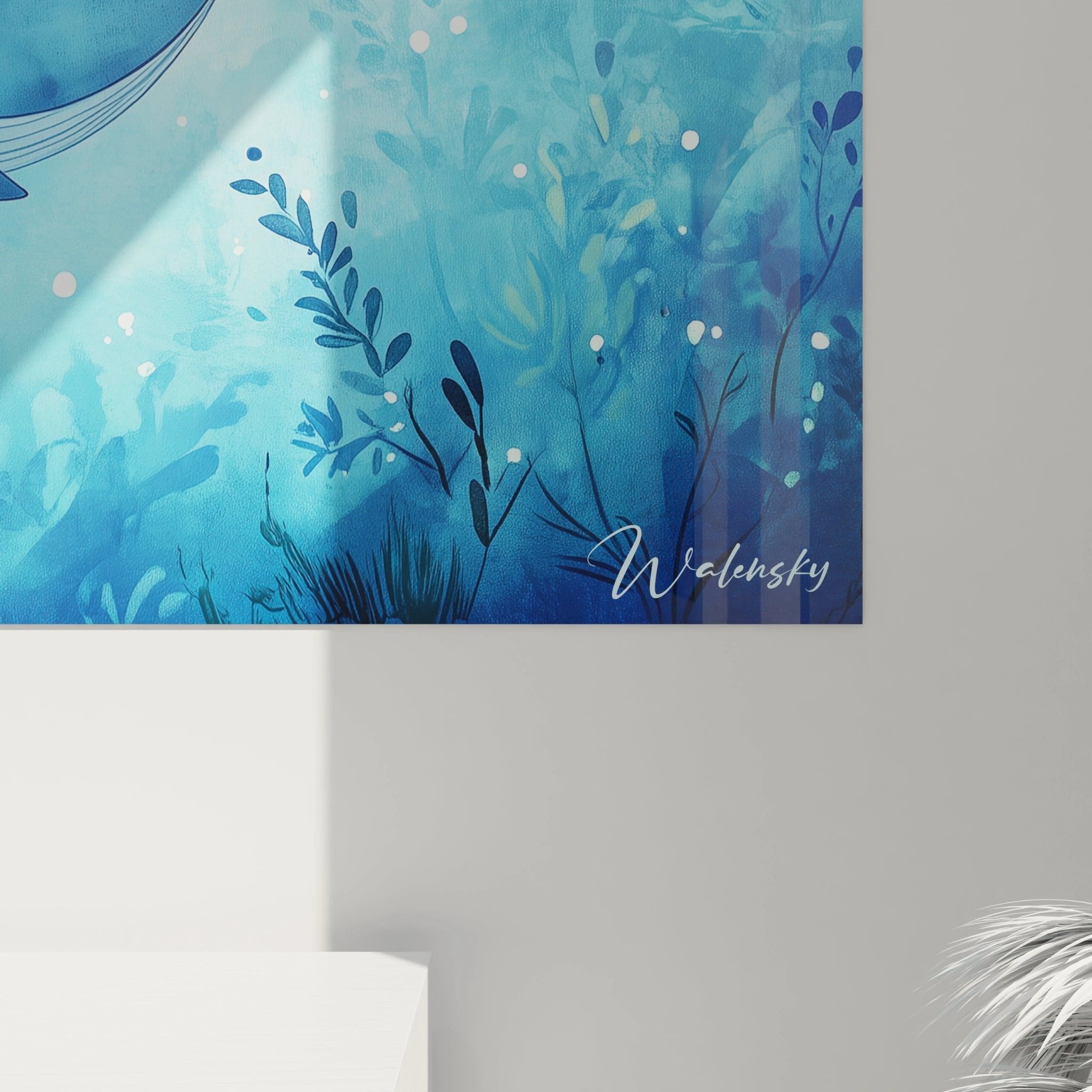 Gesamtansicht Wal Unterwasser Wandbild auf weißer Wand, maritime Kinderzimmer Dekoration