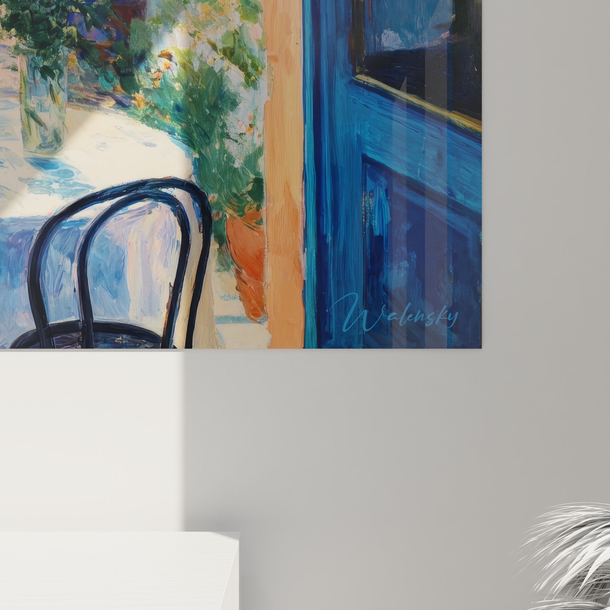 Gesamtansicht des Garten-Wandbildes mit mediterraner Terrasse und sonniger Farbpalette