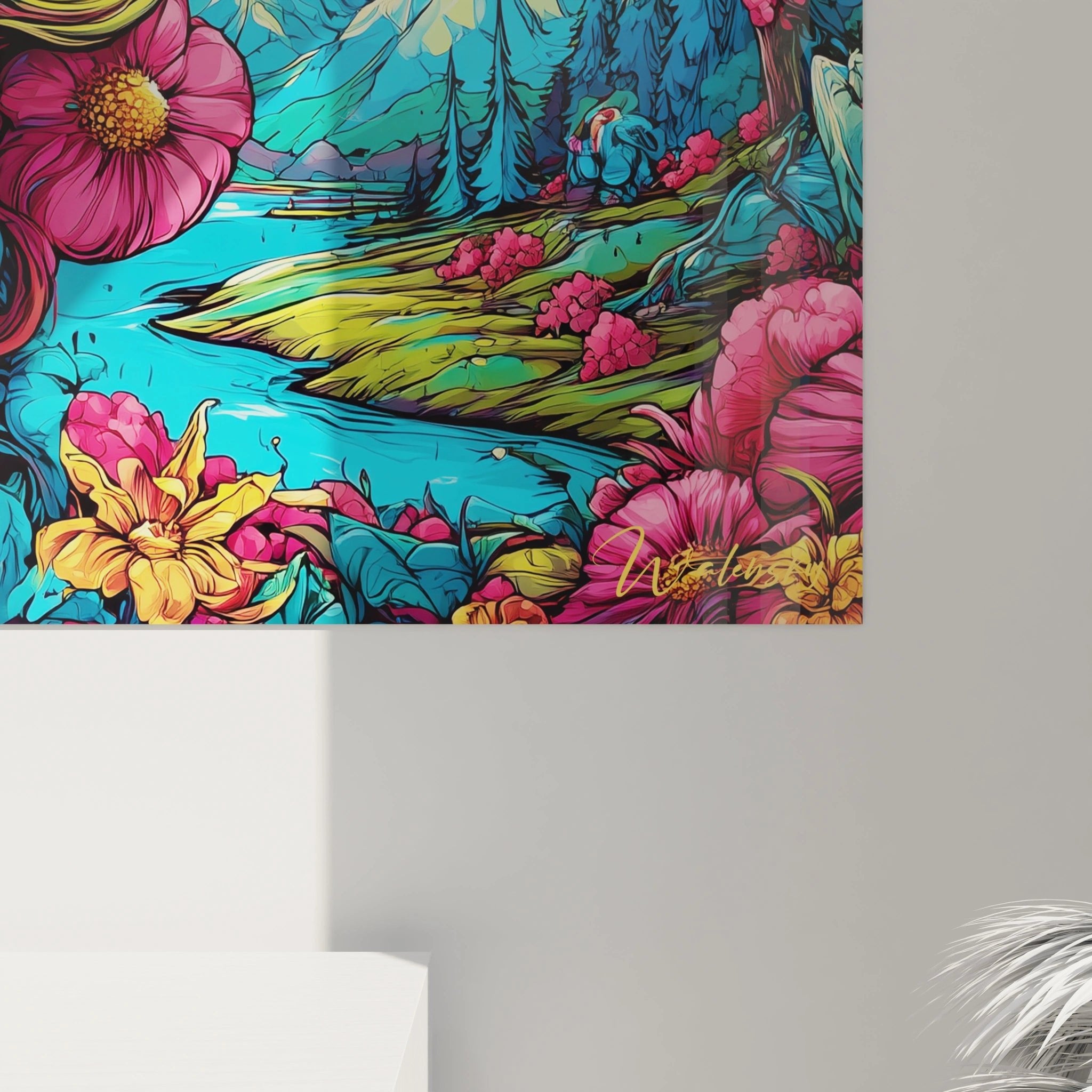 Gesamtansicht des psychedelischen Frauenportraits als modernes Wandbild in intensiven Farben