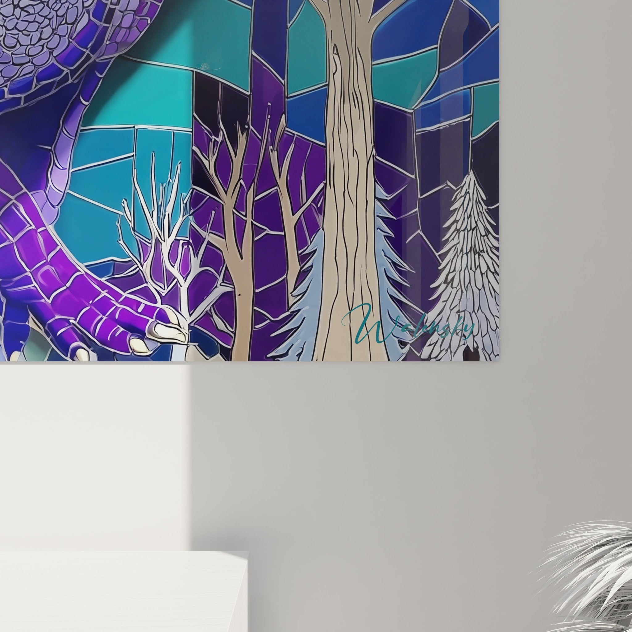 Gesamtansicht des Scutosaurus Mosaik Wandbildes mit prähistorischer Waldszene und bunten Glasmalerei-Effekten