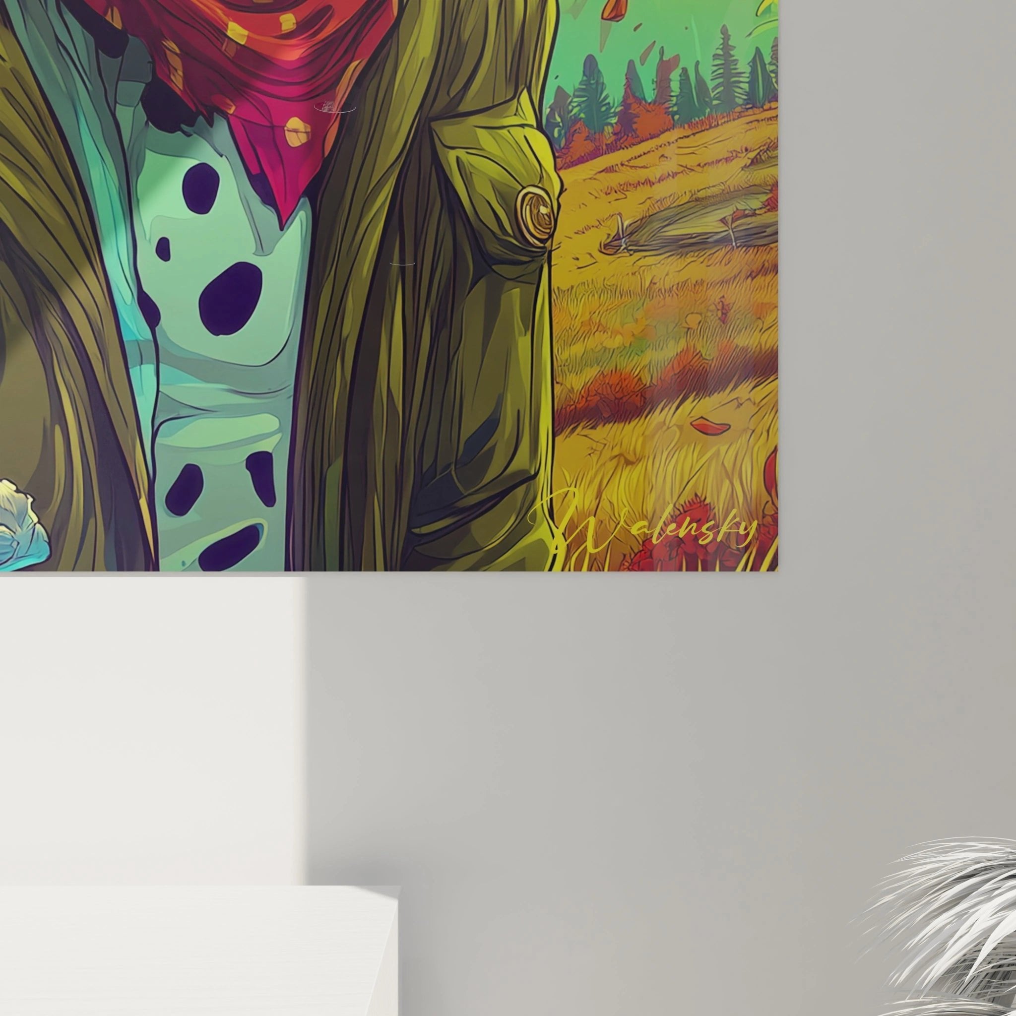 Gesamtansicht des surrealen Wandbildes mit Hund-Hirsch-Hybrid in lebendigen Neonfarben