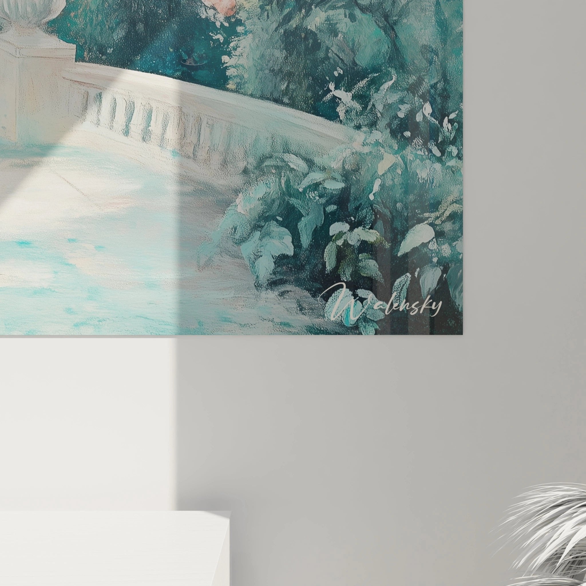 Gesamtansicht des Wandbildes romantische Garenterrasse mit Zypressen im Hintergrund