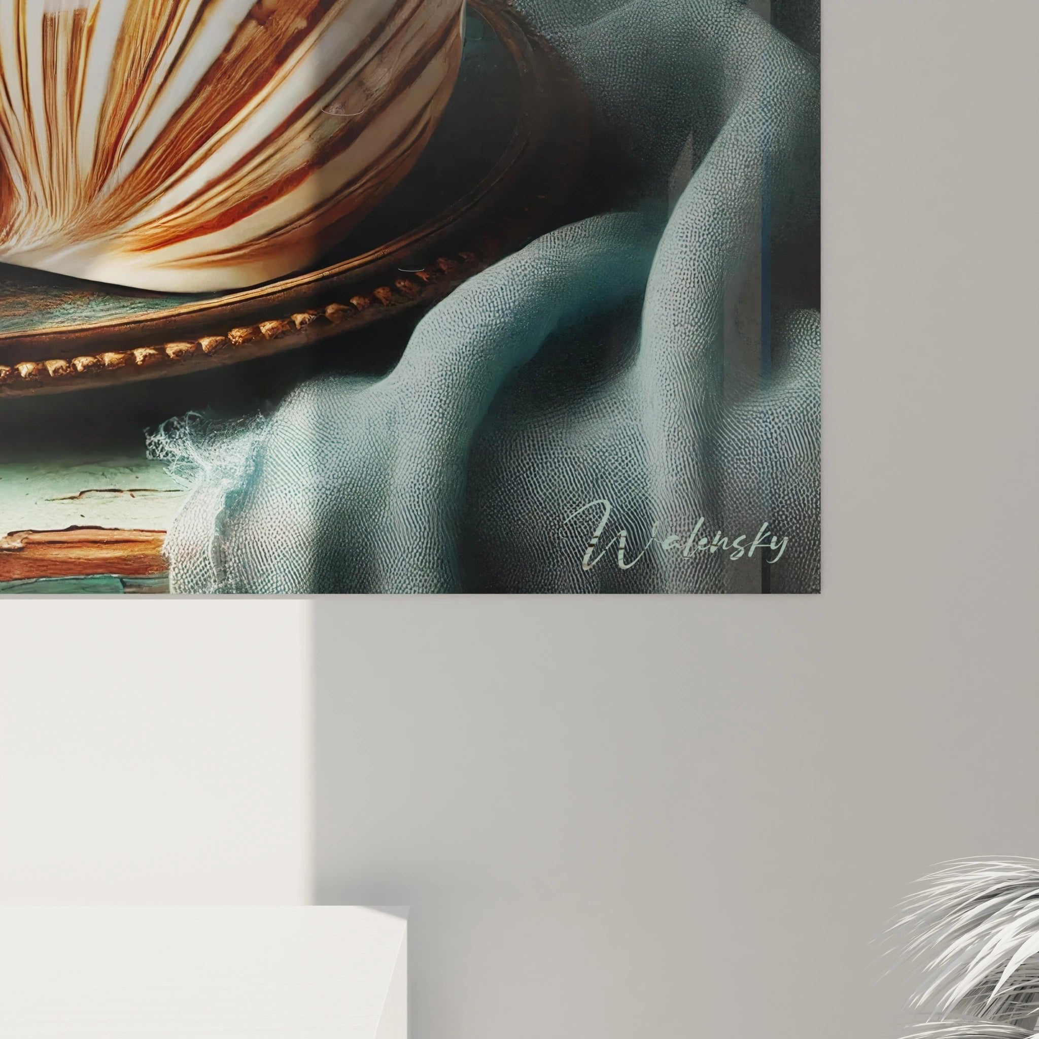 Gesamtansicht des Muschel-Wandbildes mit türkisem Vintage-Holz und mediterranem Küstenflair