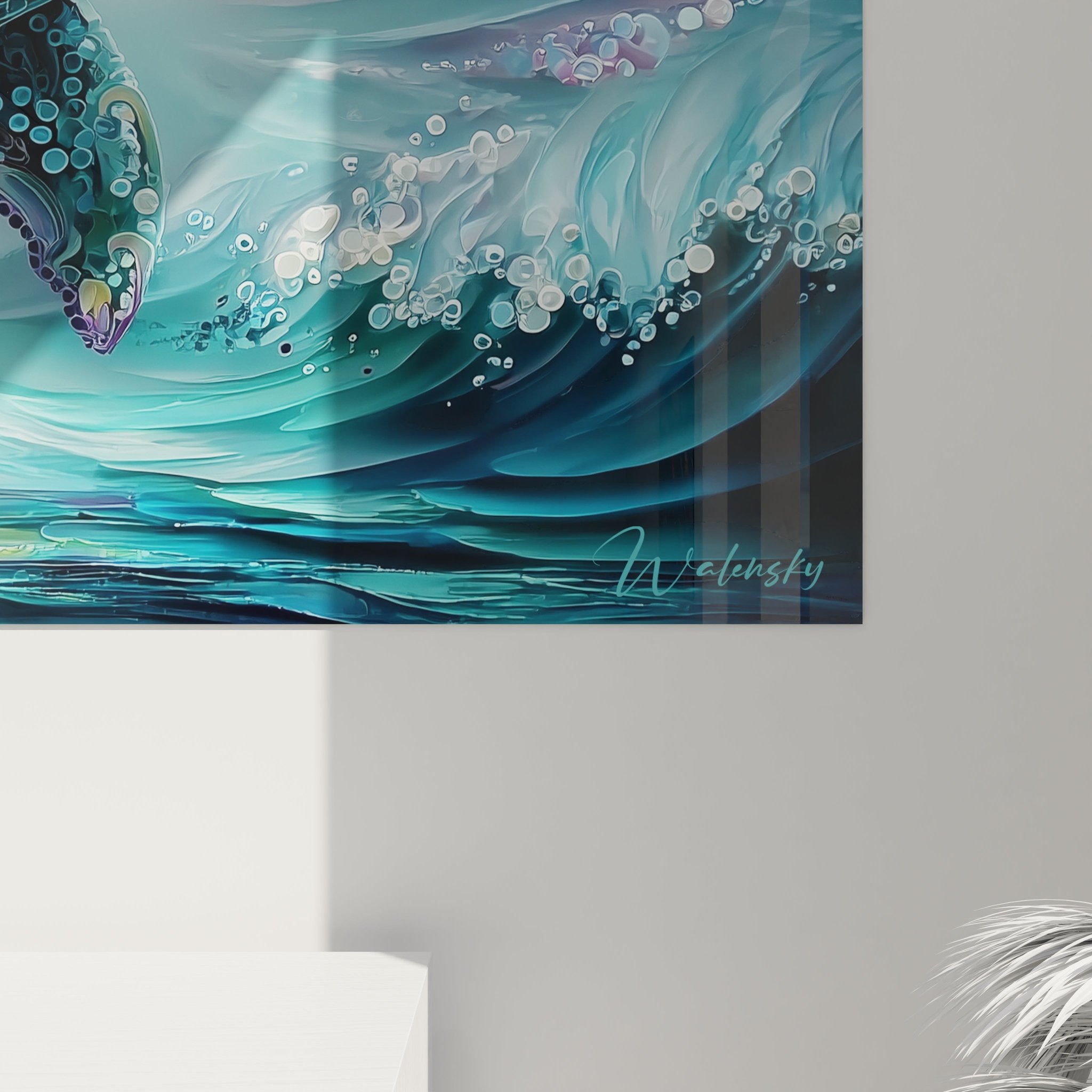 Gesamtansicht des Wal Ozean Wandbildes mit dynamischen Wellen und majestätischem Meeresriesen