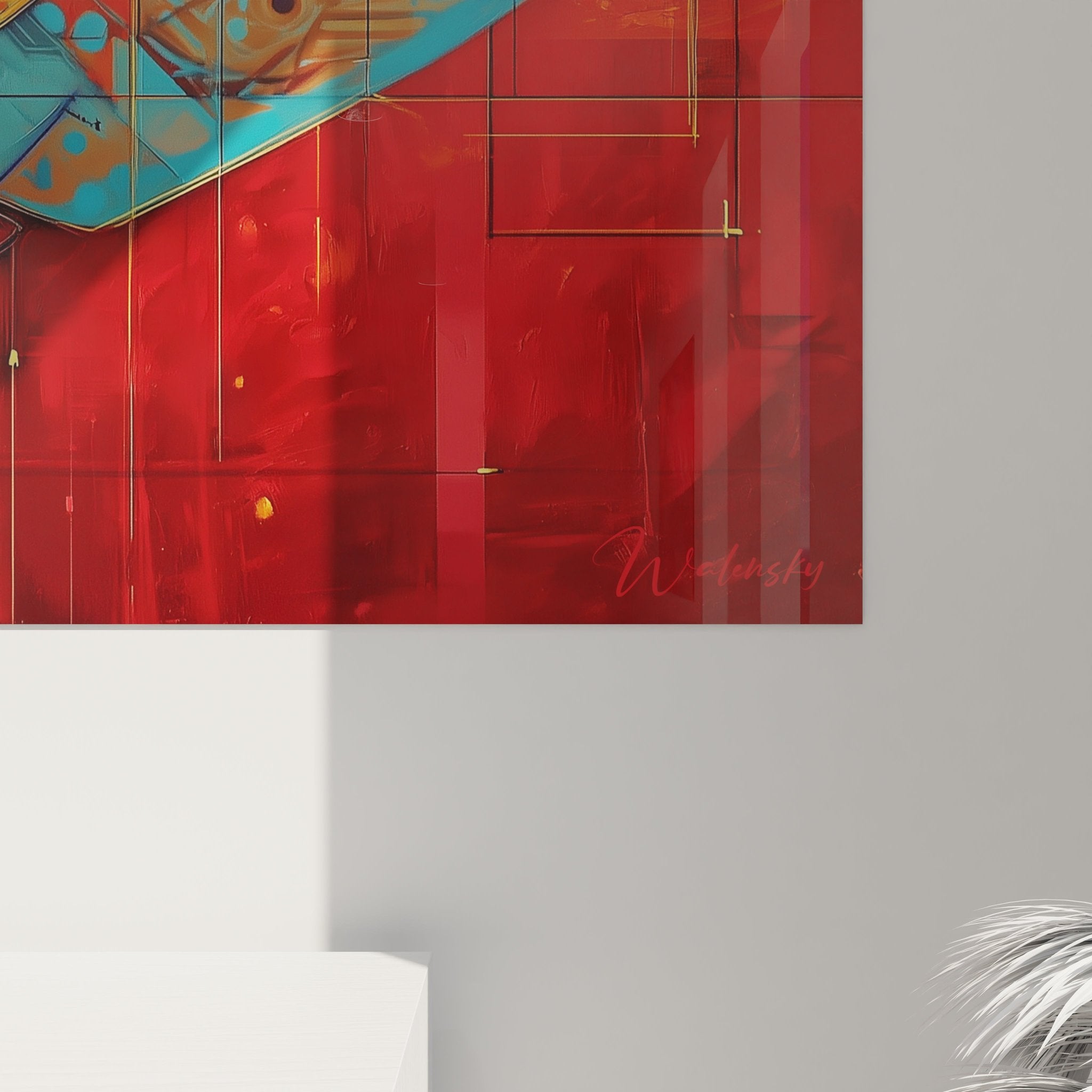 Gesamtansicht des modernen Megalodon Hai Wandbildes in geometrischer Abstraktion mit Ozean-Farbpalette