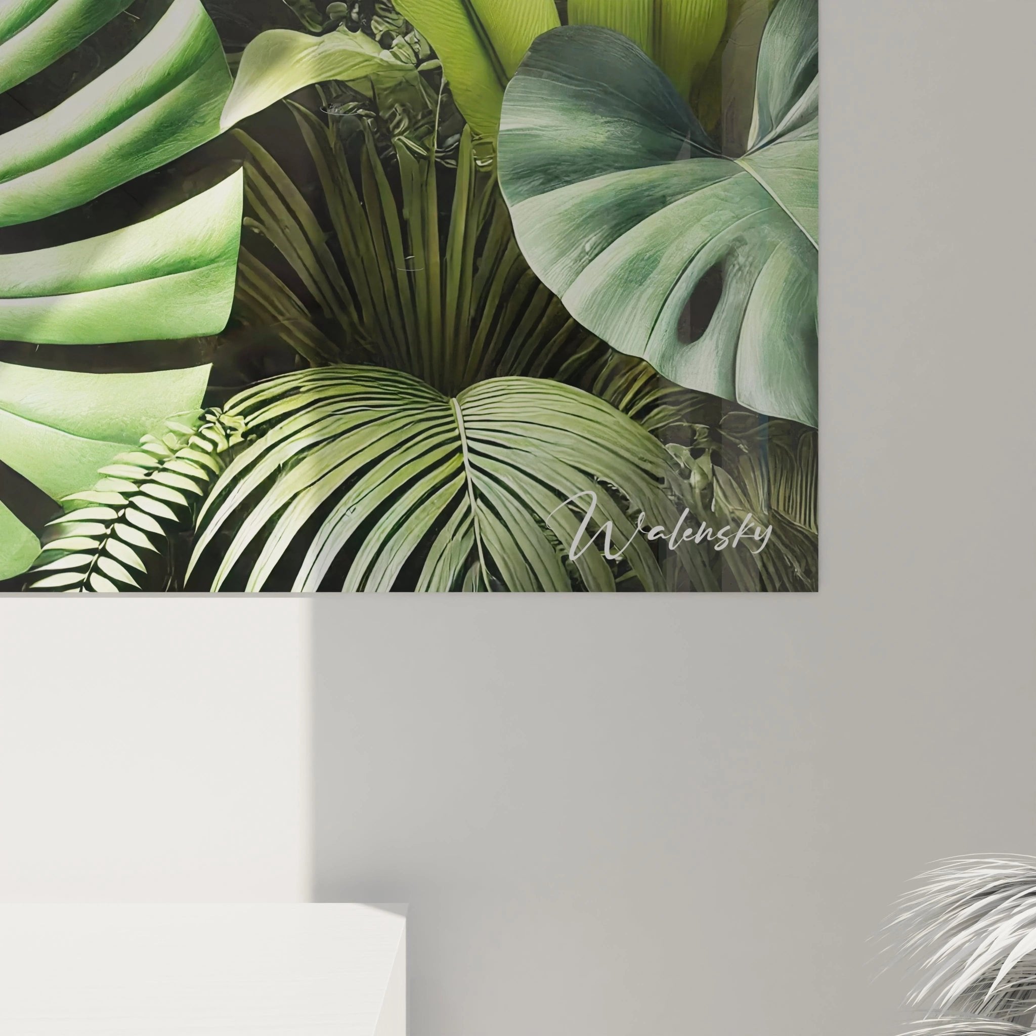 Gesamtansicht des tropischen Wandbildes mit üppiger Blätter-Komposition in Dschungel-Optik