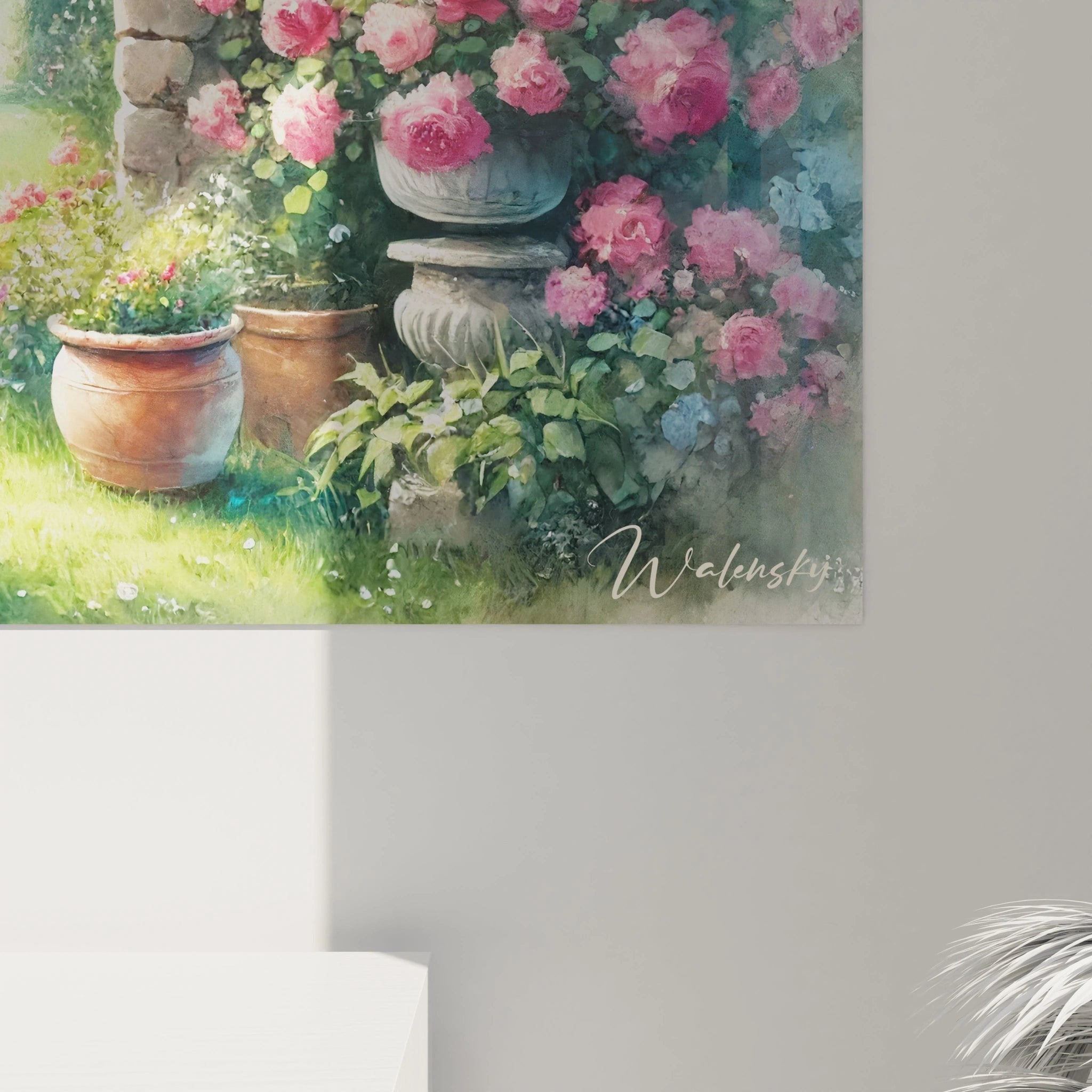 Gesamtansicht Wandbild Rosenbogen Garten an weißer Wand - komplette Raumdekoration im Provence-Stil