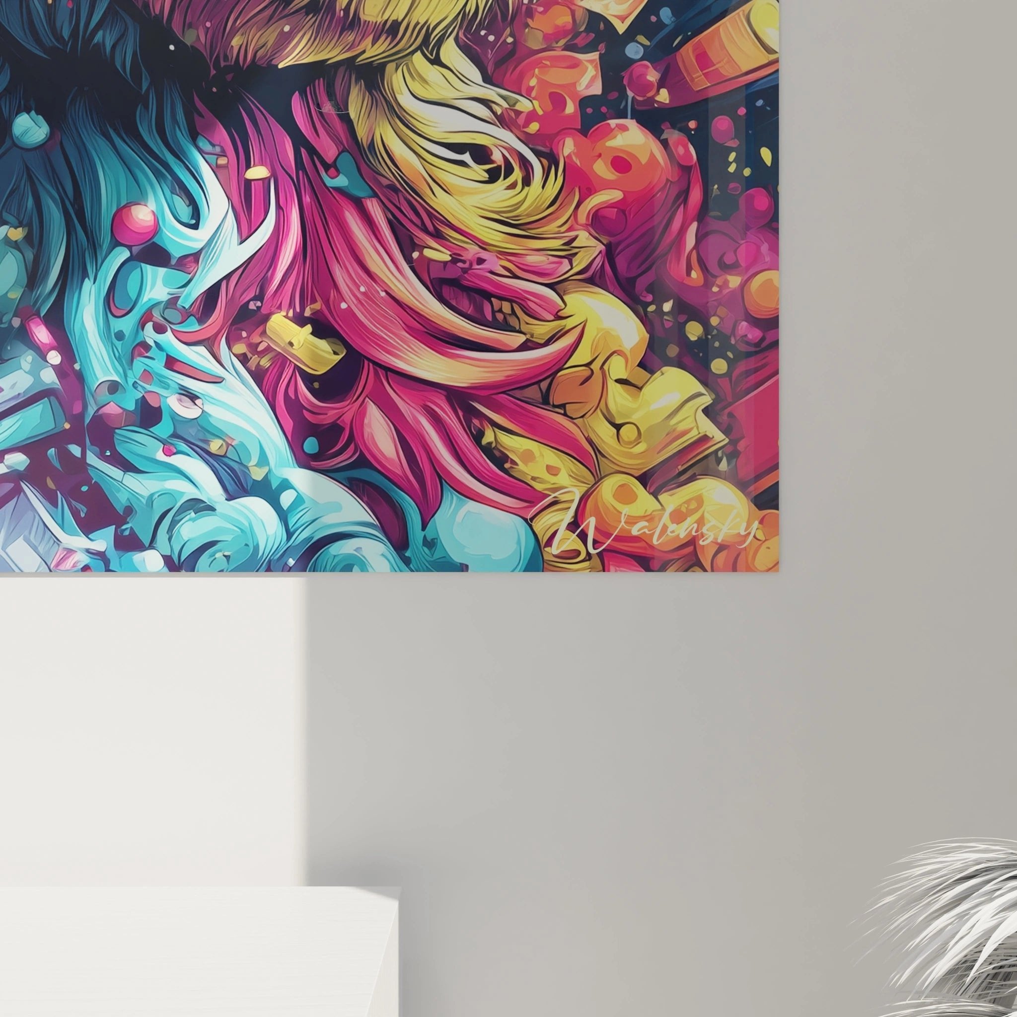 Gesamtansicht Lama Wandbild Farbexplosion - Psychedelische Alpaka Kunst mit leuchtenden Regenbogenfarben