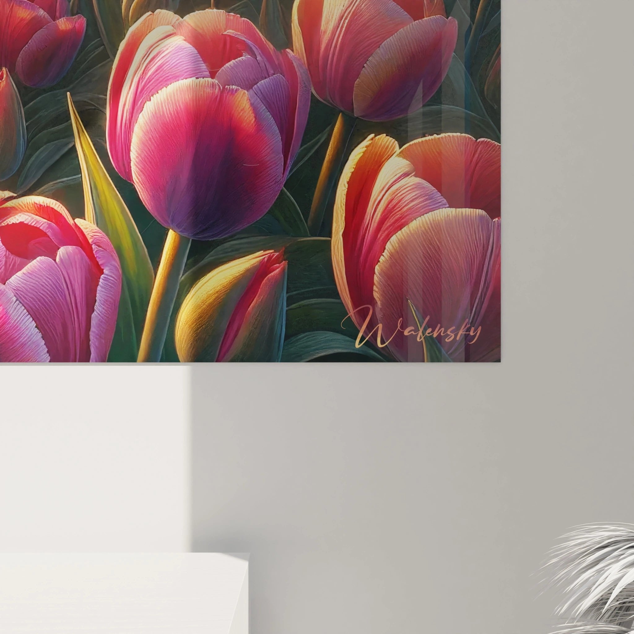 Gesamtansicht des Tulpenfeld Wandbildes mit endlosem Blumenmeer und stimmungsvollem Sonnenuntergang