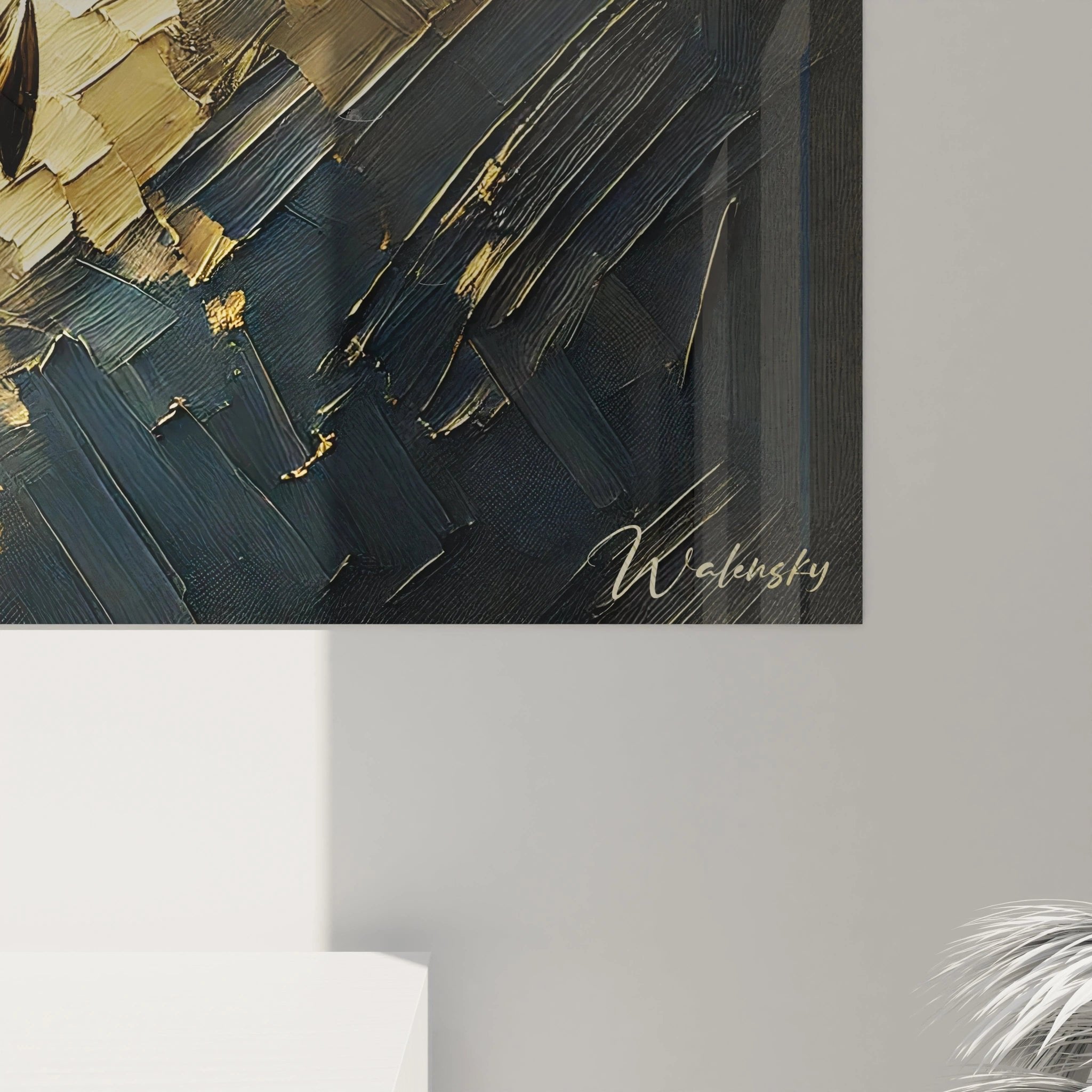 Gesamtansicht Anker Wandbild mit dramatischer Lichtwirkung und blau-goldener Farbkomposition, Edition Meer