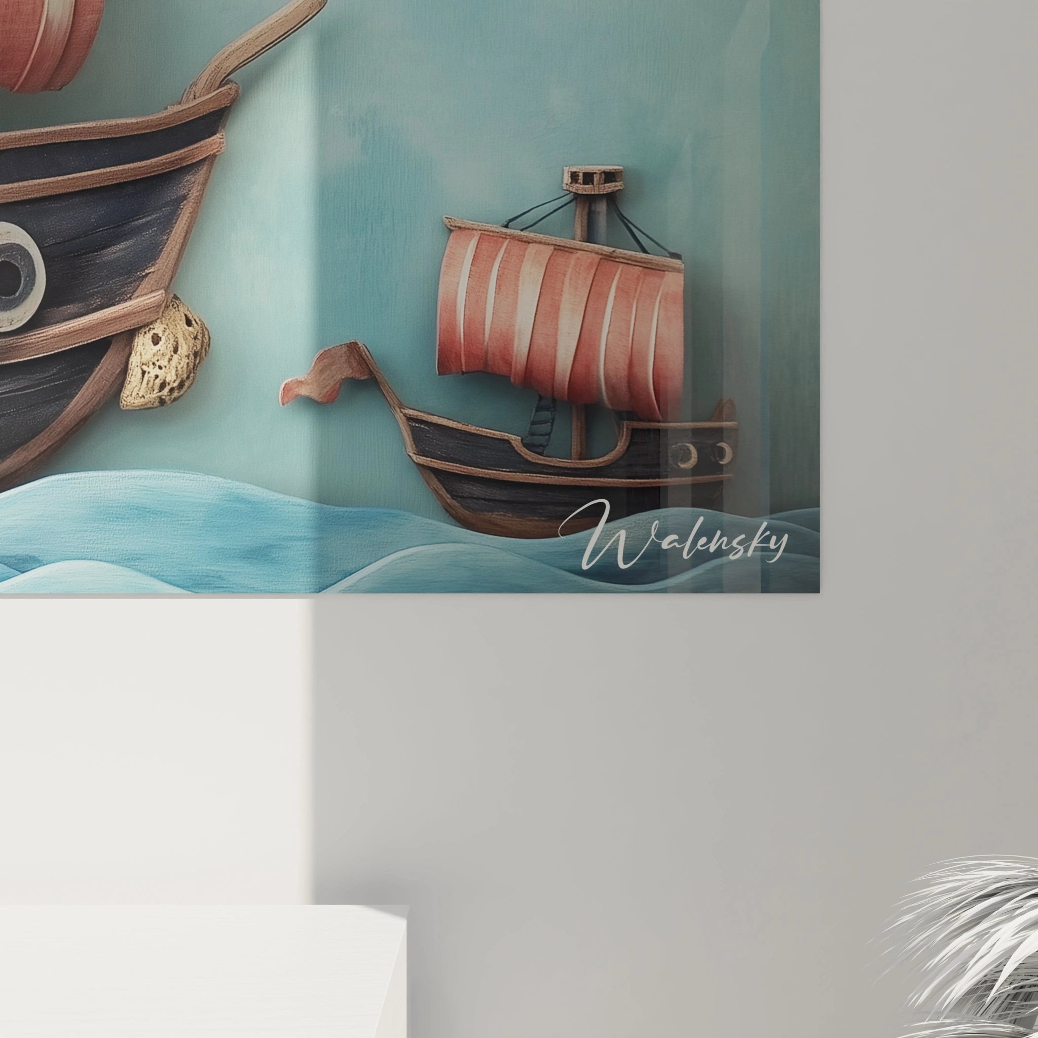 Gesamtansicht Piraten Wandbild mit Schiff, Wolken und Meer - komplette maritime Kinderzimmer Dekoration