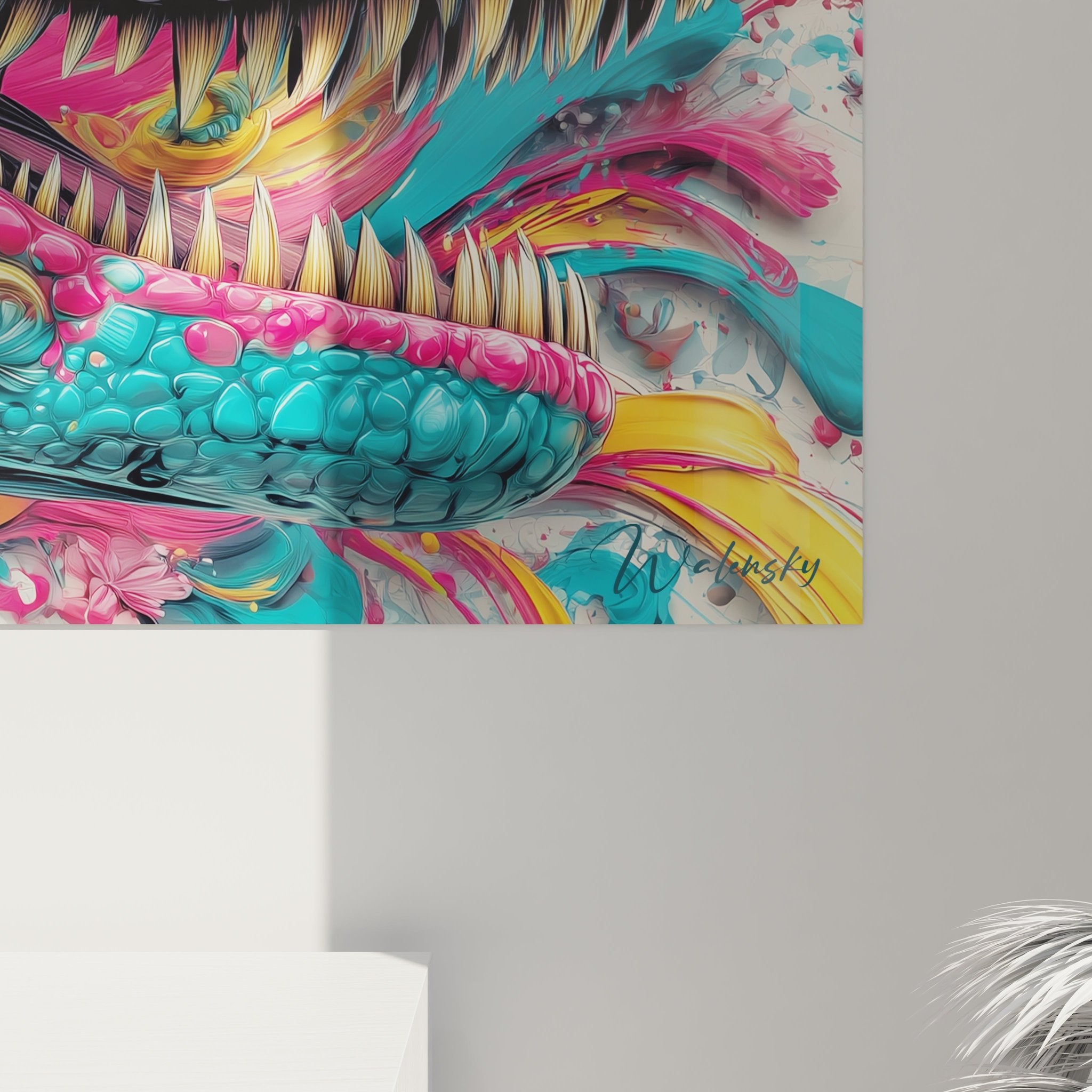 Gesamtansicht des spektakulären Dinosaurier-Wandbildes mit tropischer Blütenpracht in Wohnraumambiente