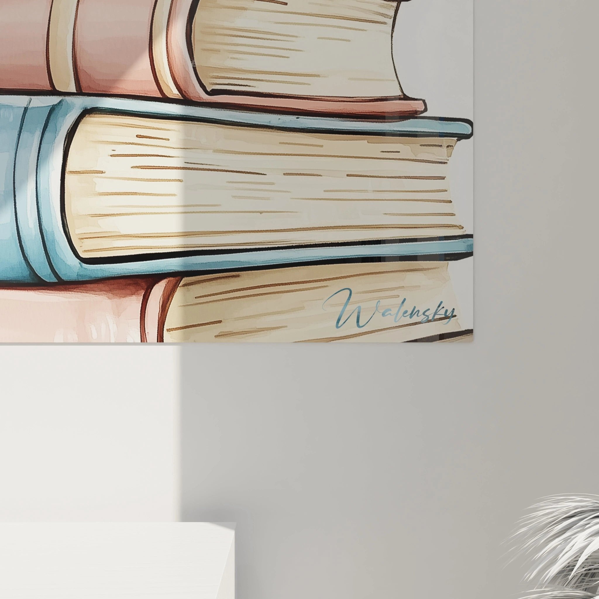 Gesamtansicht Wandbild träumender Hase auf bunten Büchern in pastellfarbener Kinderzimmer Dekoration