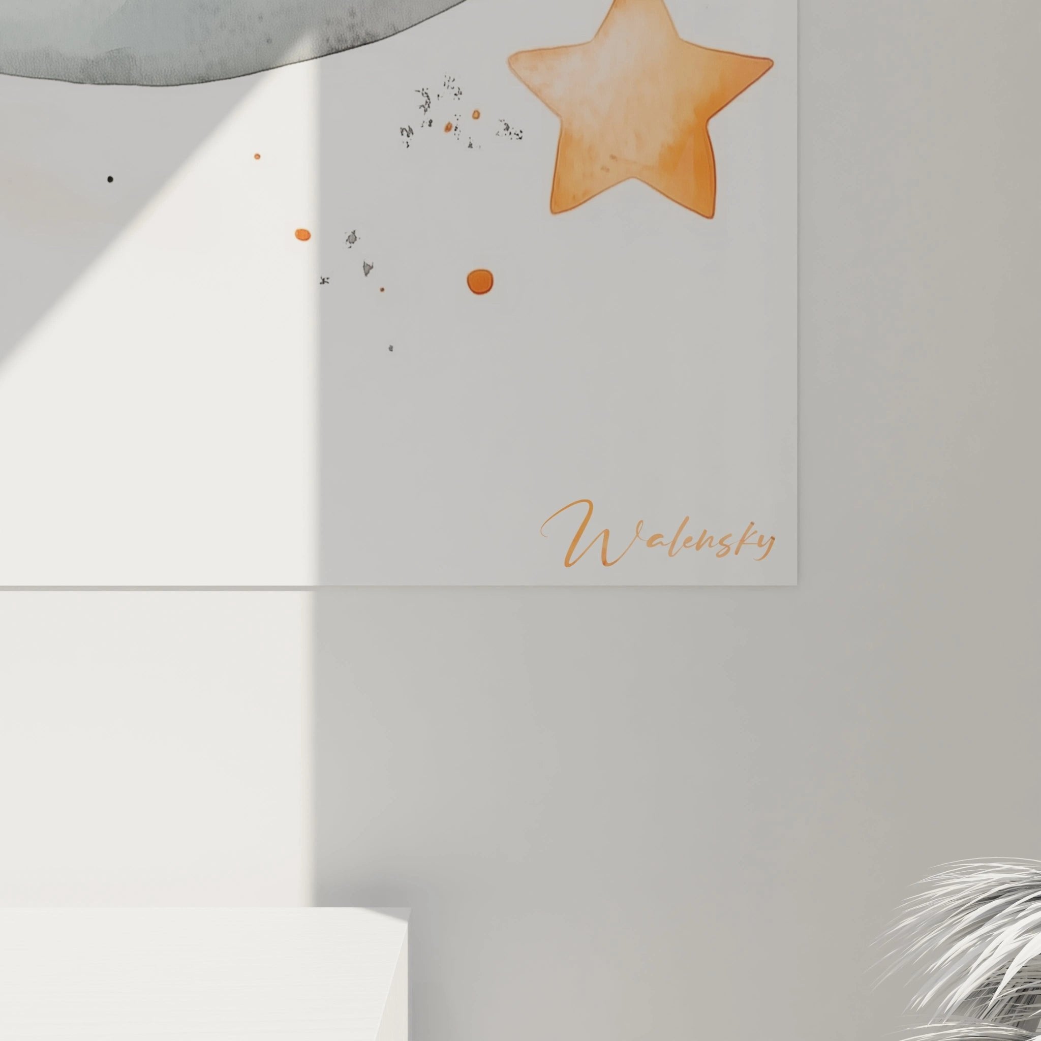 Gesamtansicht des Fuchs Wandbildes mit allen dekorativen Elementen wie Sterne und Wolken in Kinderzimmer Optik