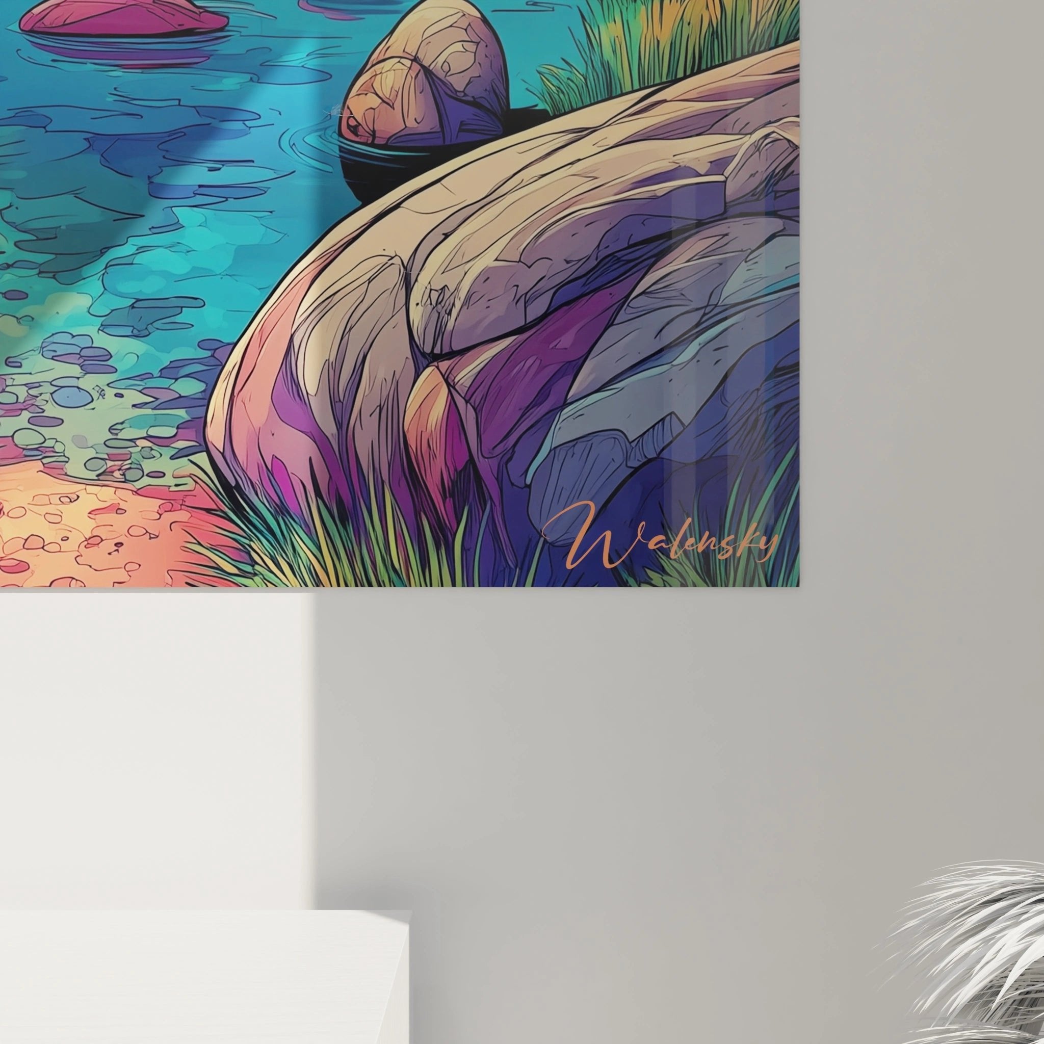 Gesamtansicht Wandbild fantastische Flusslandschaft Comic Edition an weißer Wand