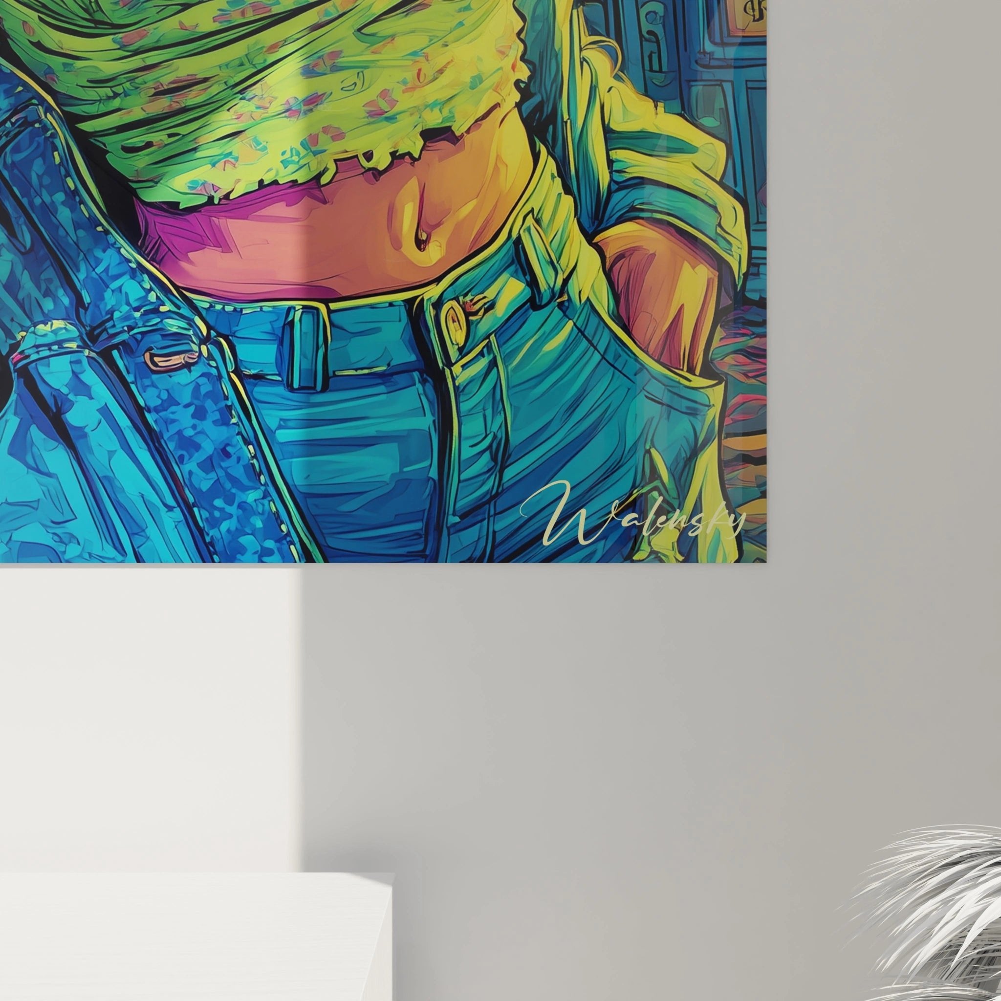 Gesamtansicht des Comic Wandbildes Neonstadt-Frau als moderne Raumdekoration