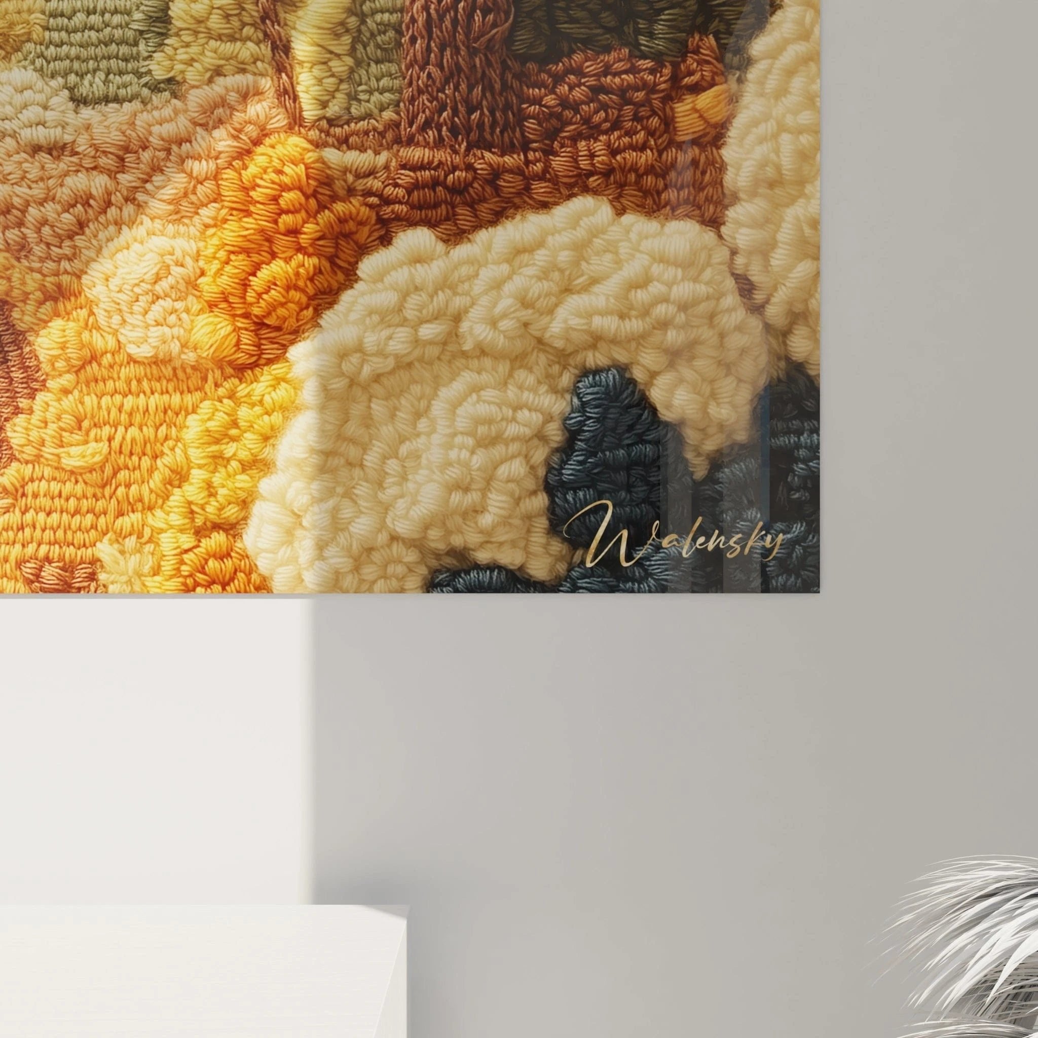 Gesamtansicht des Herbstlandschaft Wandbildes in Häkeloptik mit strukturierter Oberfläche und Waldweg