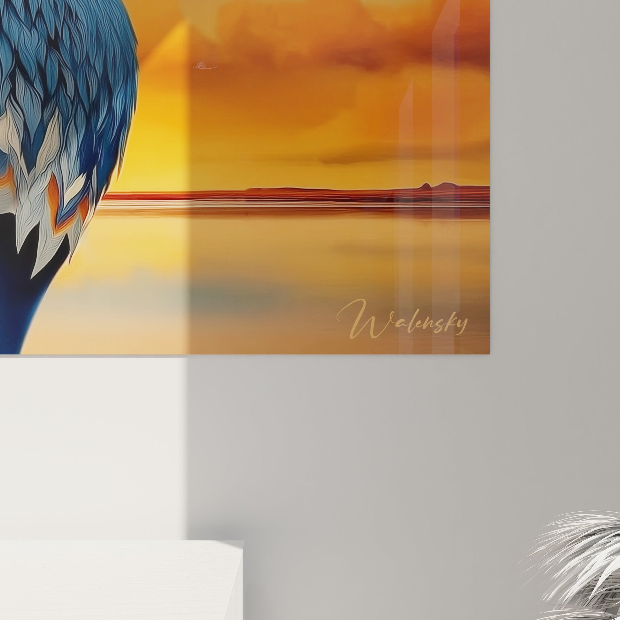 Gesamtansicht des Papagei Sonnenuntergang Wandbildes mit geometrischen Elementen und warmer Farbpalette für moderne Wanddekoration