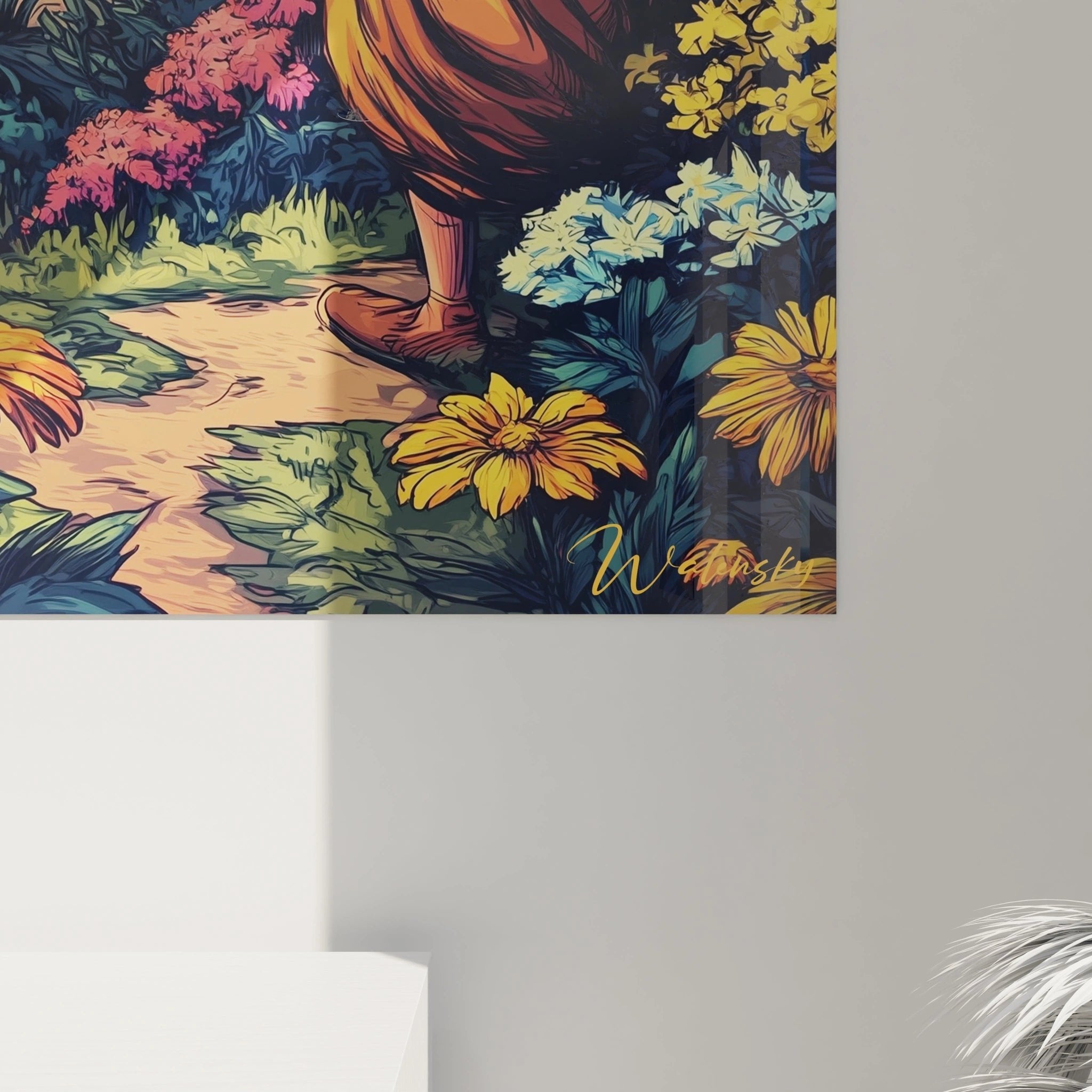 Gesamtansicht des Mönch Meditation Wandbildes mit tropischer Strandszene im Comic-Stil