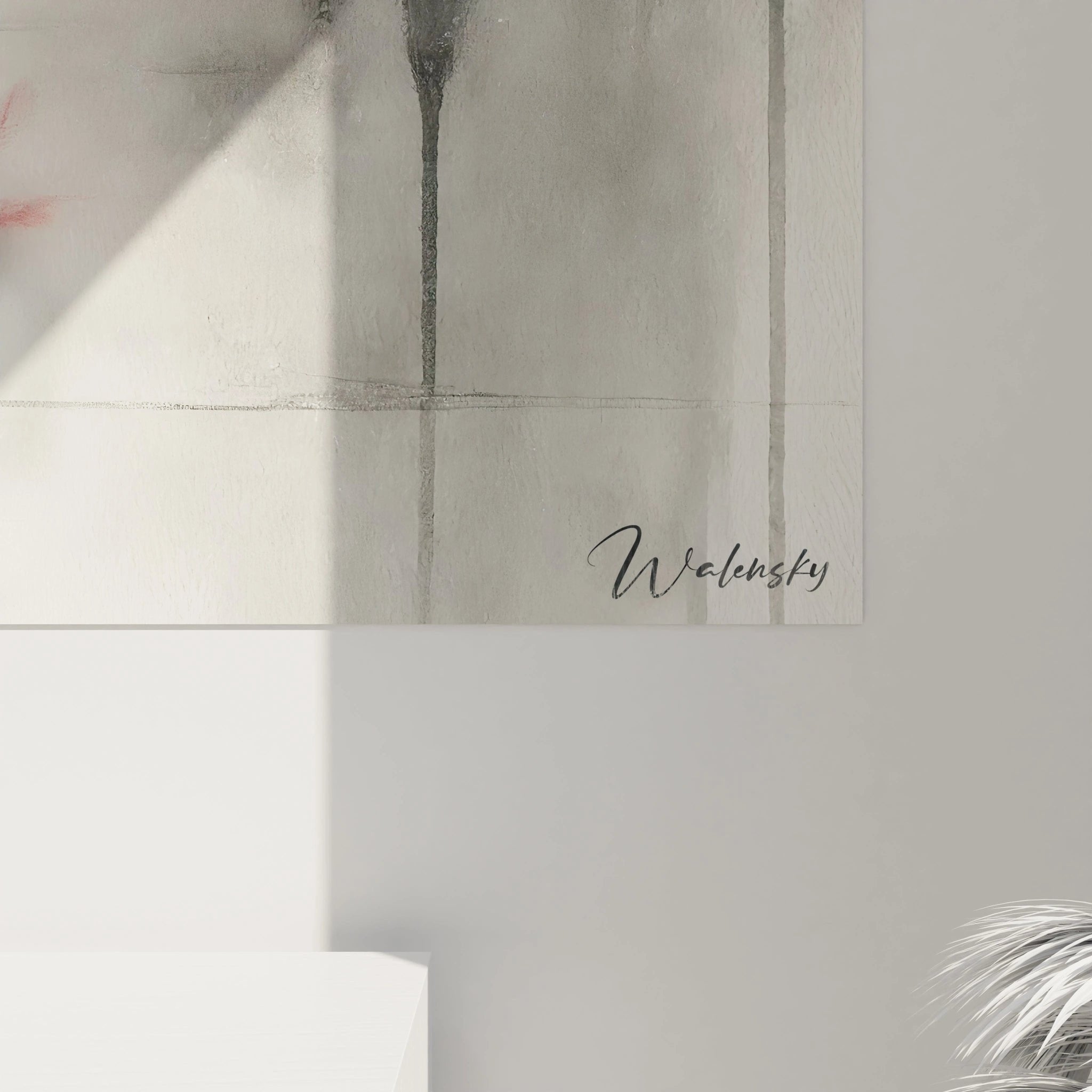 Gesamtansicht des Zen Wandbildes mit Samurai Krieger in minimalistischer grau-weißer Farbgebung