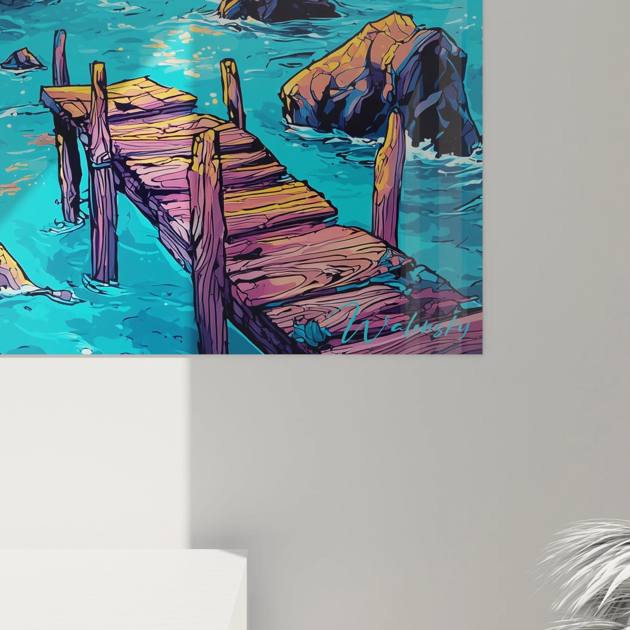 Gesamtansicht des maritimen Science-Fiction Wandbildes mit Holzsteg und fantastischer Himmelslandschaft