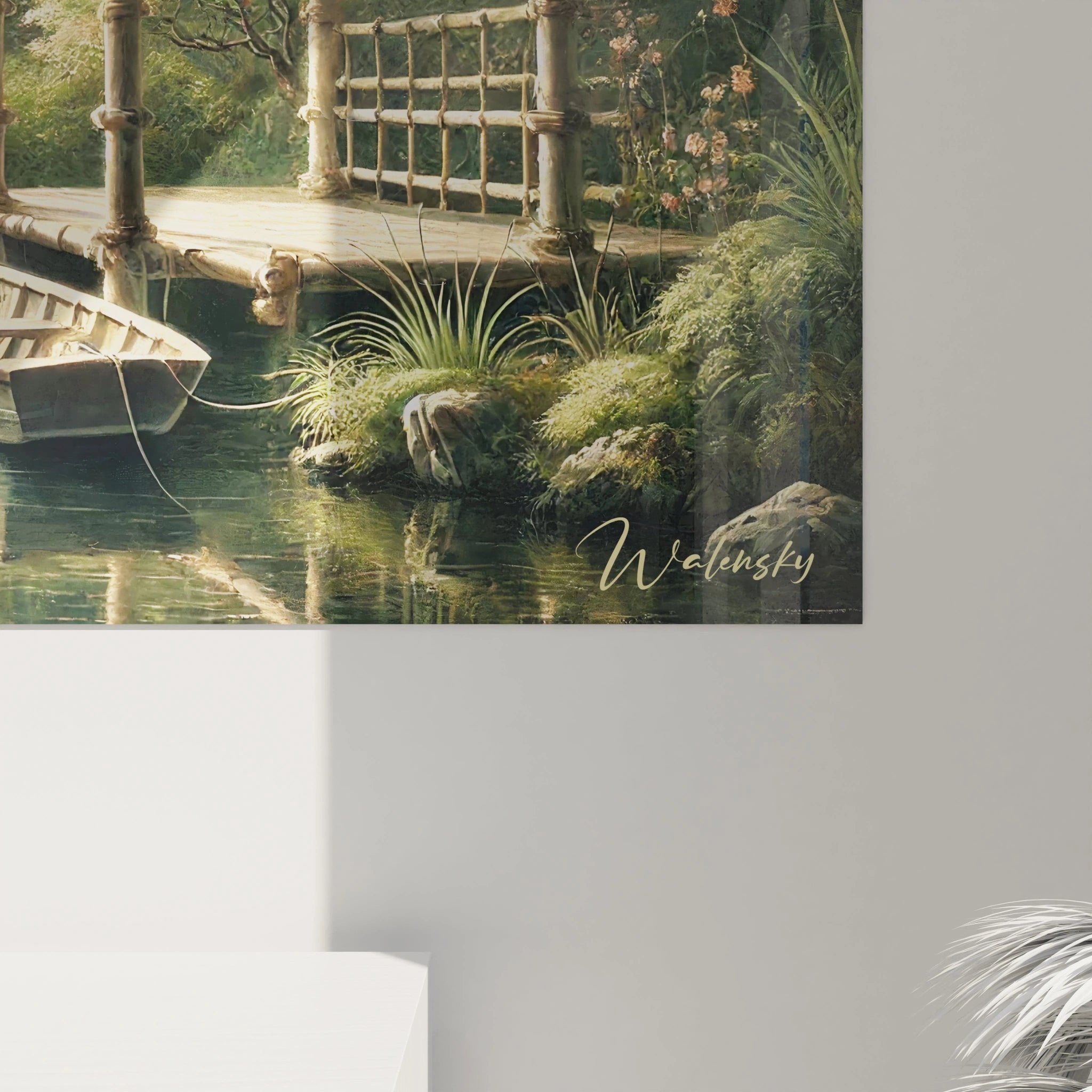 Gesamtansicht Wandbild japanische Tempel Oase am Fluss in tropischer Umgebung